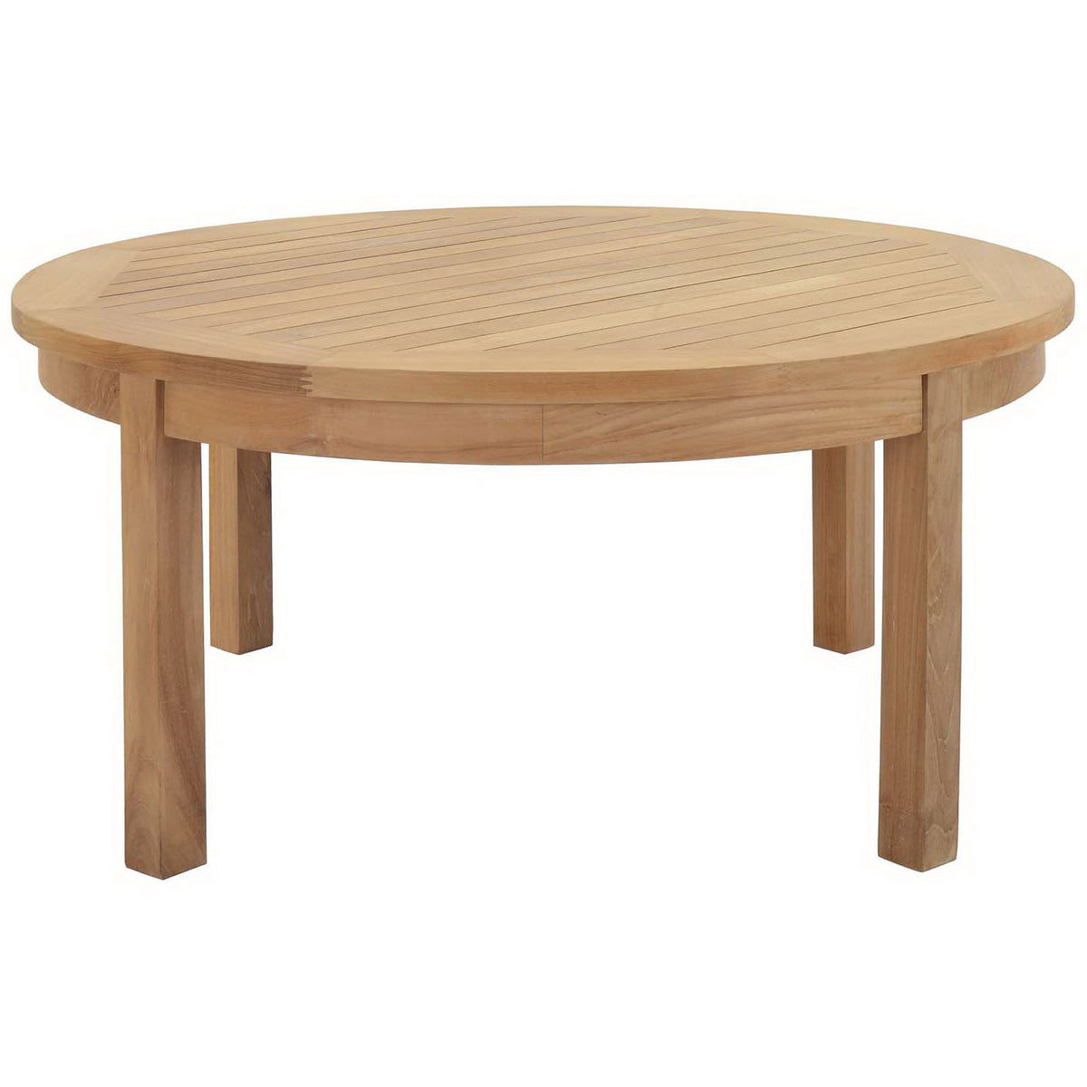 Low round teak coffee table emphasizing a simple, modern profile. || EEI-1153-NAT || front_studio