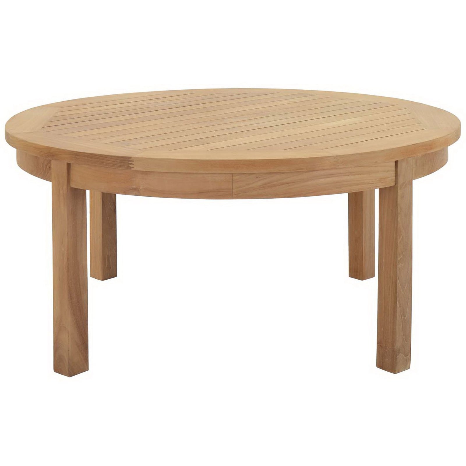 Low round teak coffee table emphasizing a simple, modern profile. || EEI-1153-NAT || front_studio
