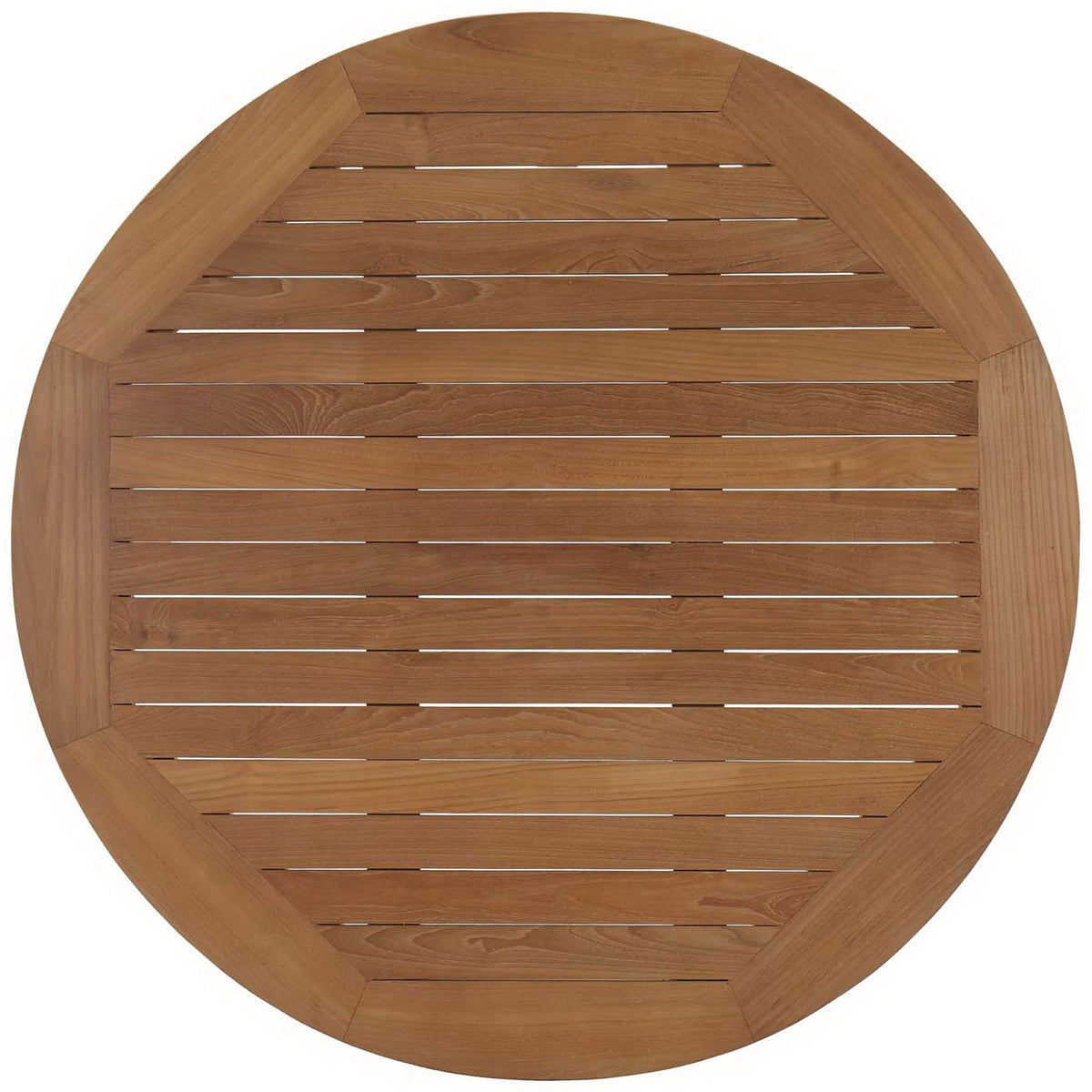 Circular slatted teak tabletop revealing rich natural wood grain. || EEI-1153-NAT || top_studio