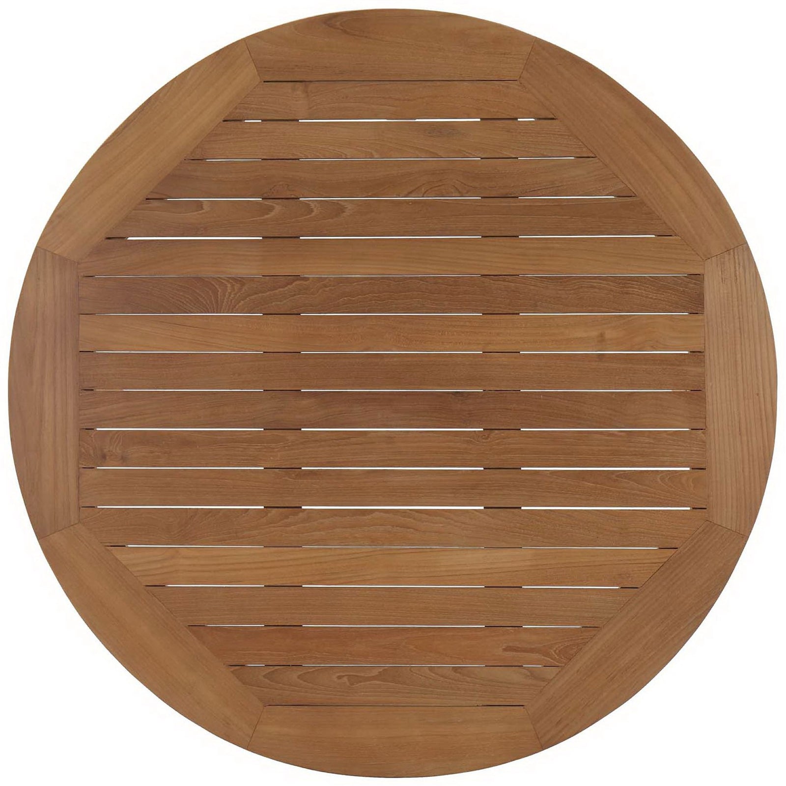Circular slatted teak tabletop revealing rich natural wood grain. || EEI-1153-NAT || top_studio