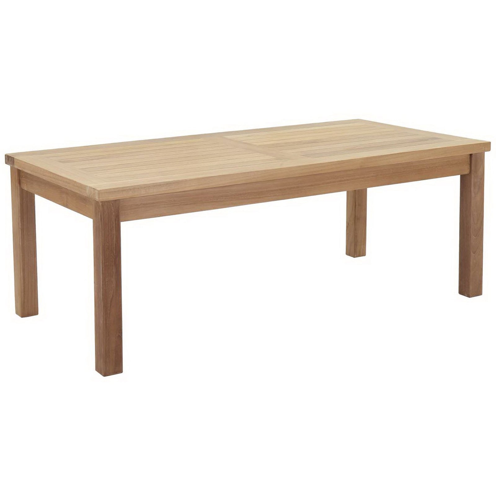Modern rectangular teak coffee table with clean lines and slatted top for outdoor lounging. || EEI-1154-NAT || front_angle_studio