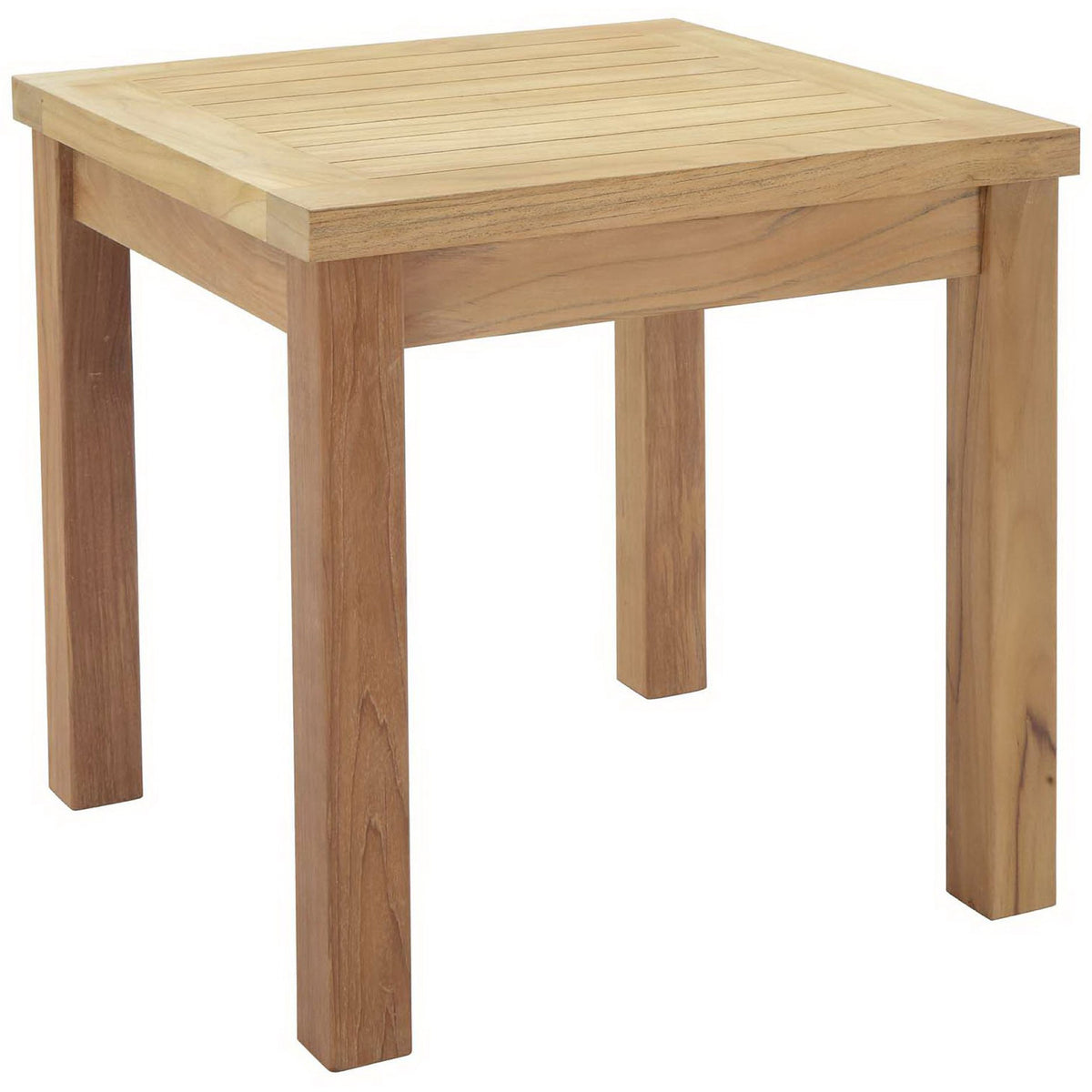 Square natural teak outdoor side table with slatted top and thick legs for sturdy patio accent. || EEI-1155-NAT || front_angle_studio