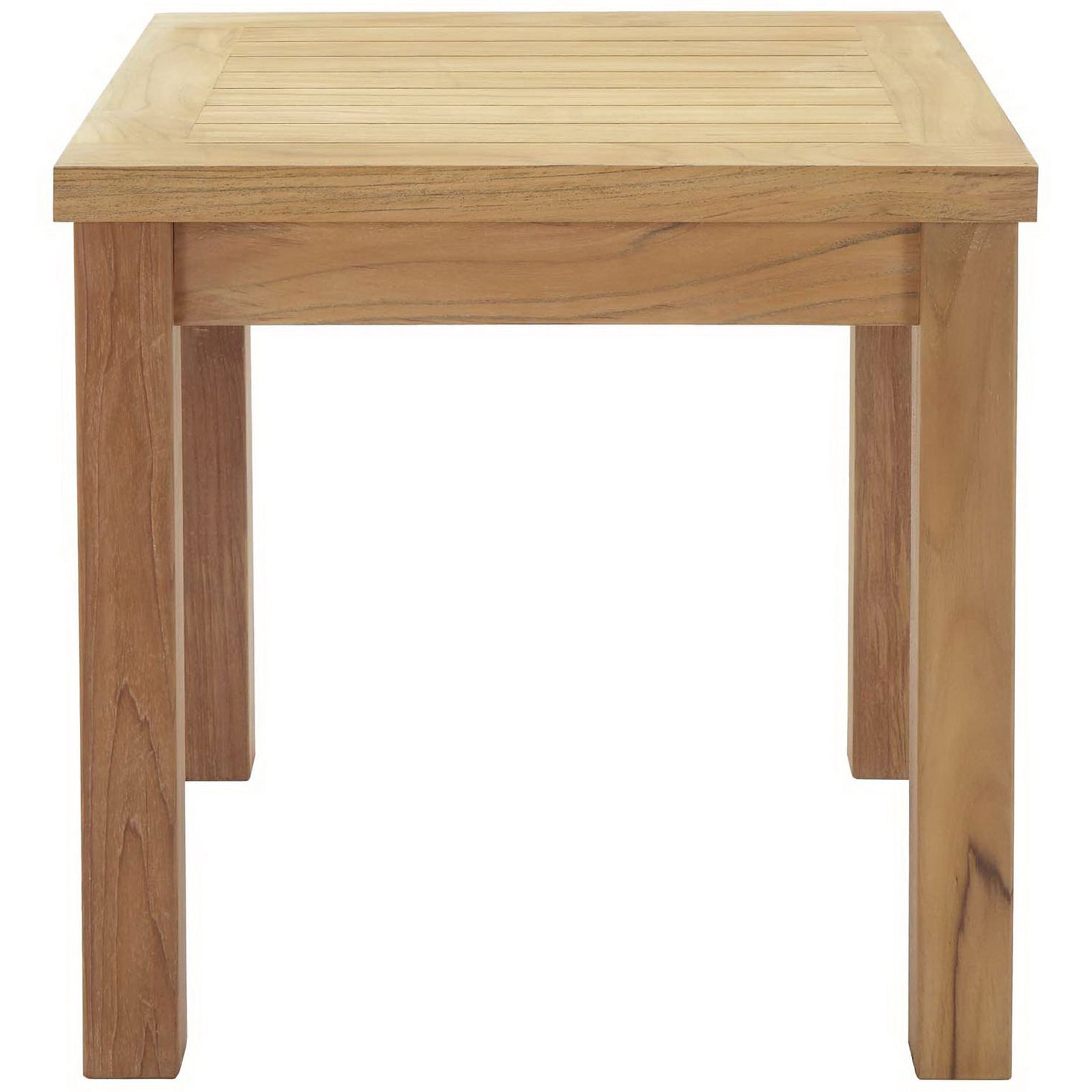 Natural teak outdoor side table showcasing clean lines and smooth apron for timeless patio style. || EEI-1155-NAT || front_studio
