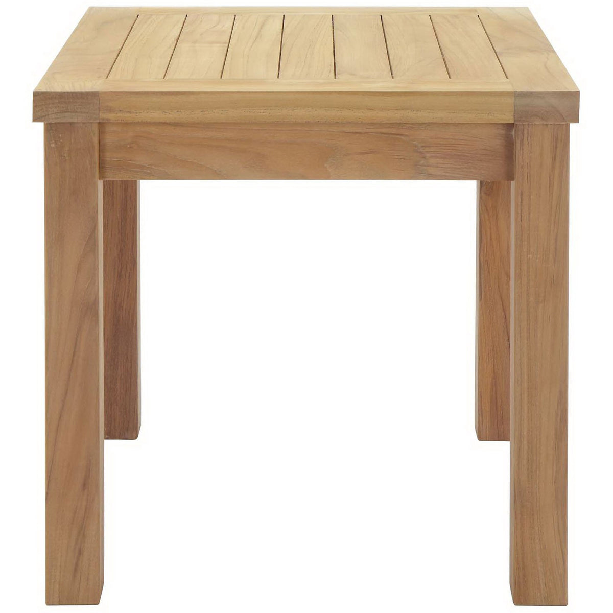 Teak side table with straight block legs and a solid frame for dependable outdoor use. || EEI-1155-NAT || side_studio