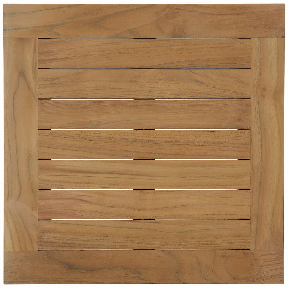 Square teak tabletop with wide perimeter border and slatted center design that lets rainwater drain through. || EEI-1155-NAT || top_studio