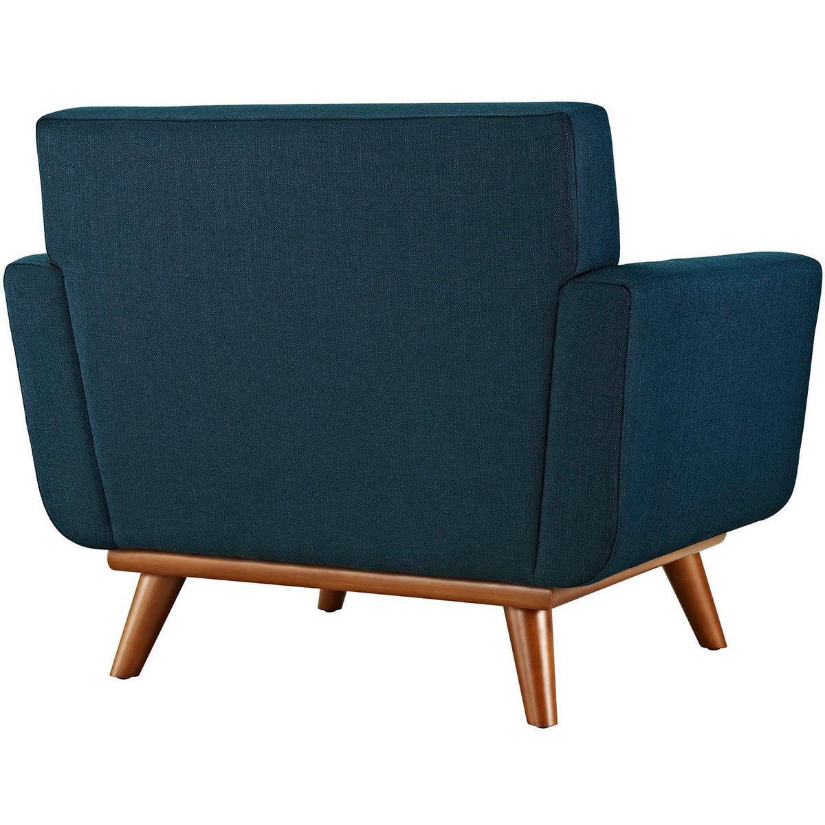 Smooth azure upholstery covers the chair's back and arms above a warm wood base.