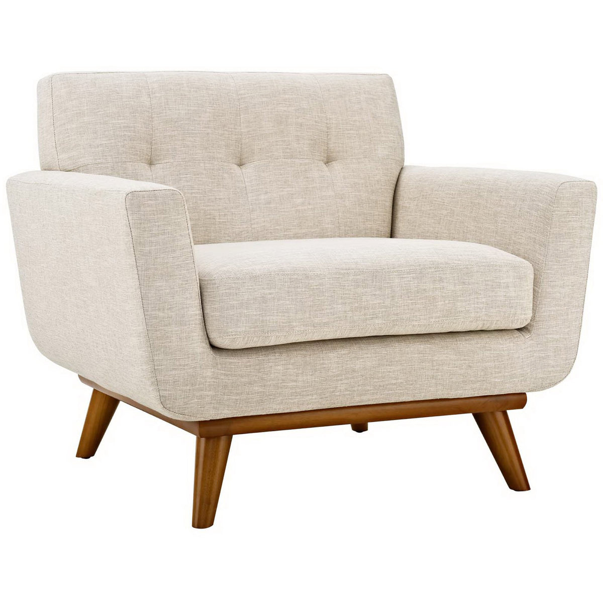 Curved beige arms and a thick seat cushion invite relaxed lounging.