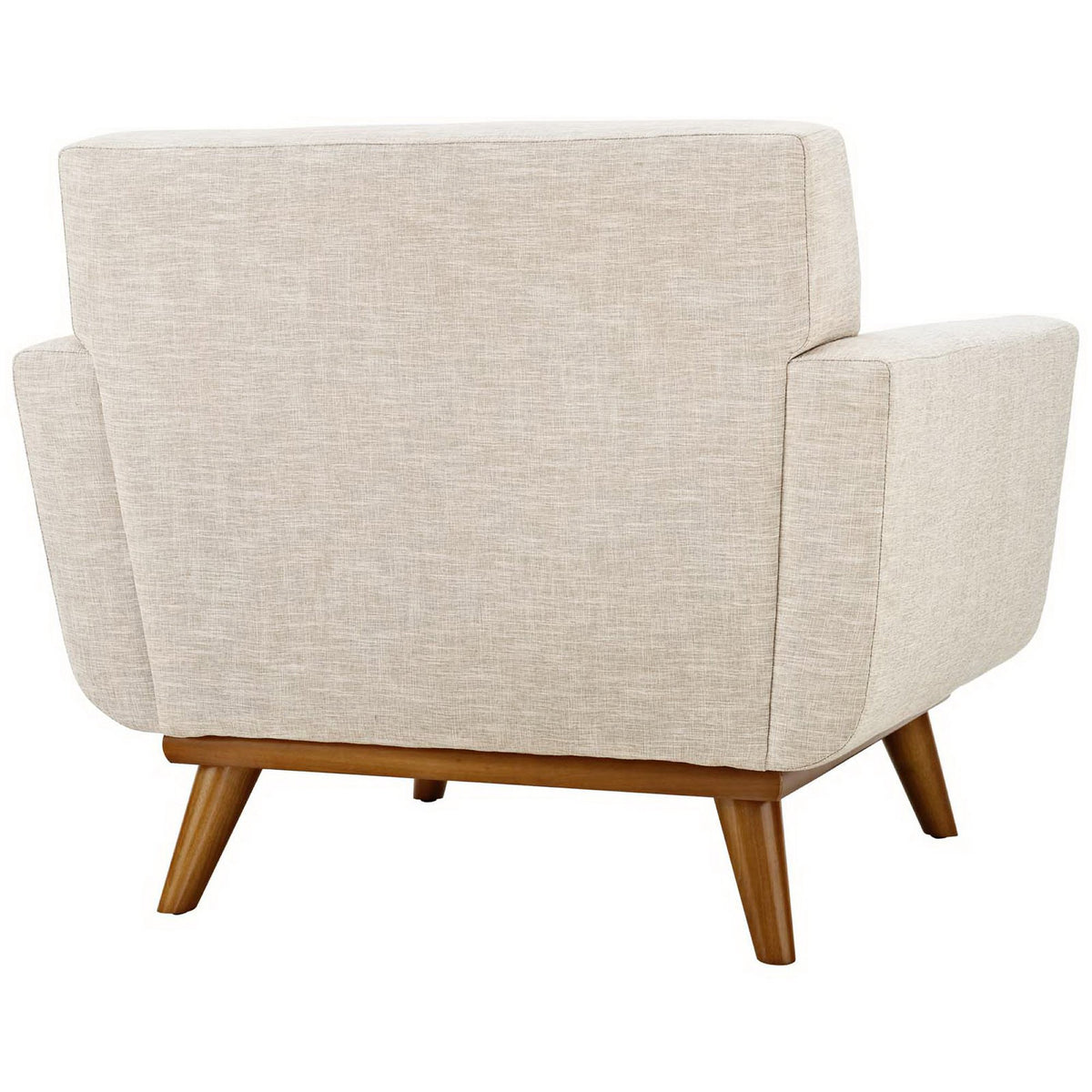 Neatly tailored beige fabric covers the cushioned back, with splayed wooden legs below.