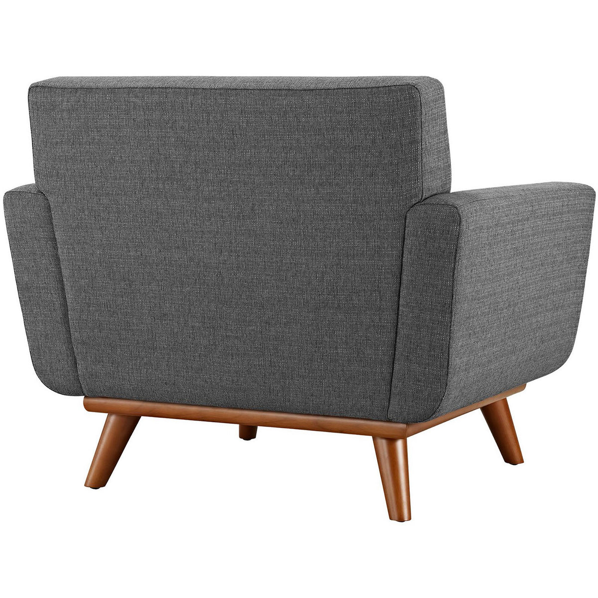 Dark gray upholstery wraps the broad cushioned back and arms above a warm wooden frame.