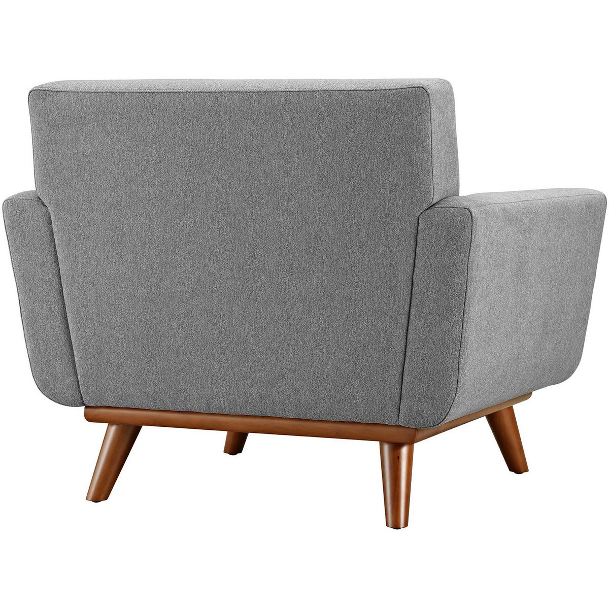 Tailored gray upholstery covers the cushioned back above slender wooden legs.