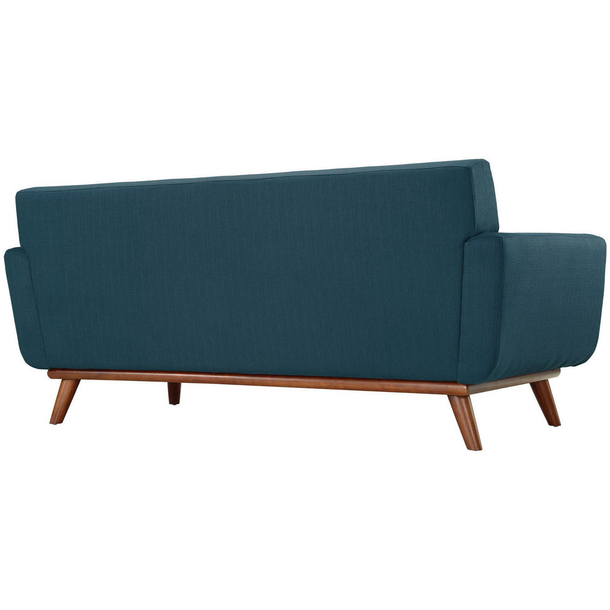 Tailored azure upholstery wraps the smooth back and curving arms above splayed wood legs