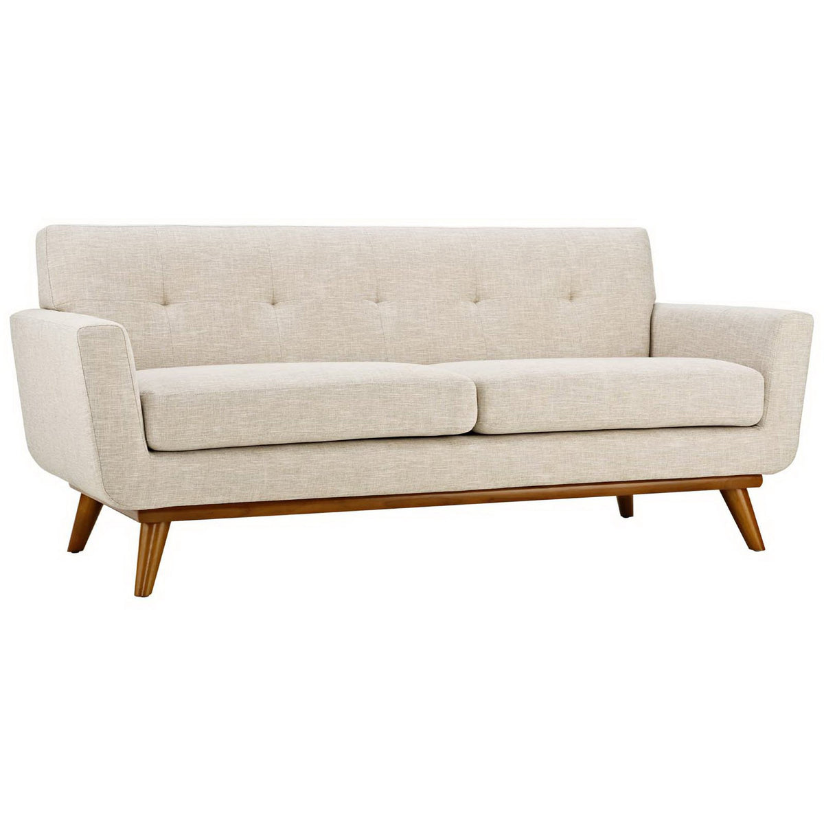 Soft beige fabric and gently curved arms frame two thick seat cushions above warm wood legs