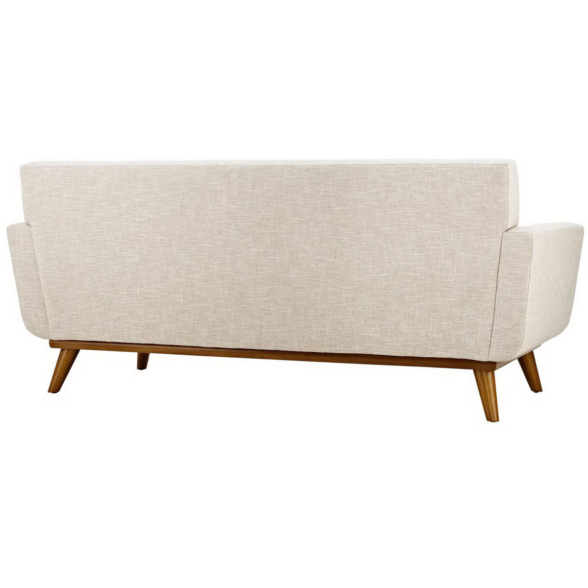 Smooth beige upholstery covers the broad back and rounded arms, complemented by tapered wood legs