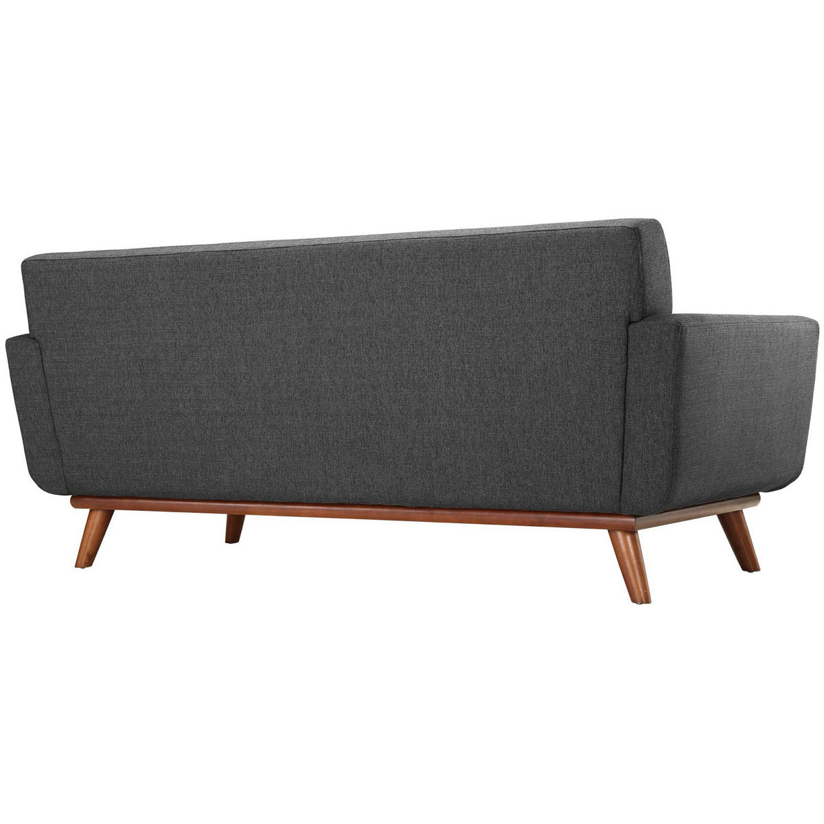 A smooth charcoal back and sculpted arms sit atop a slender wood base with splayed legs