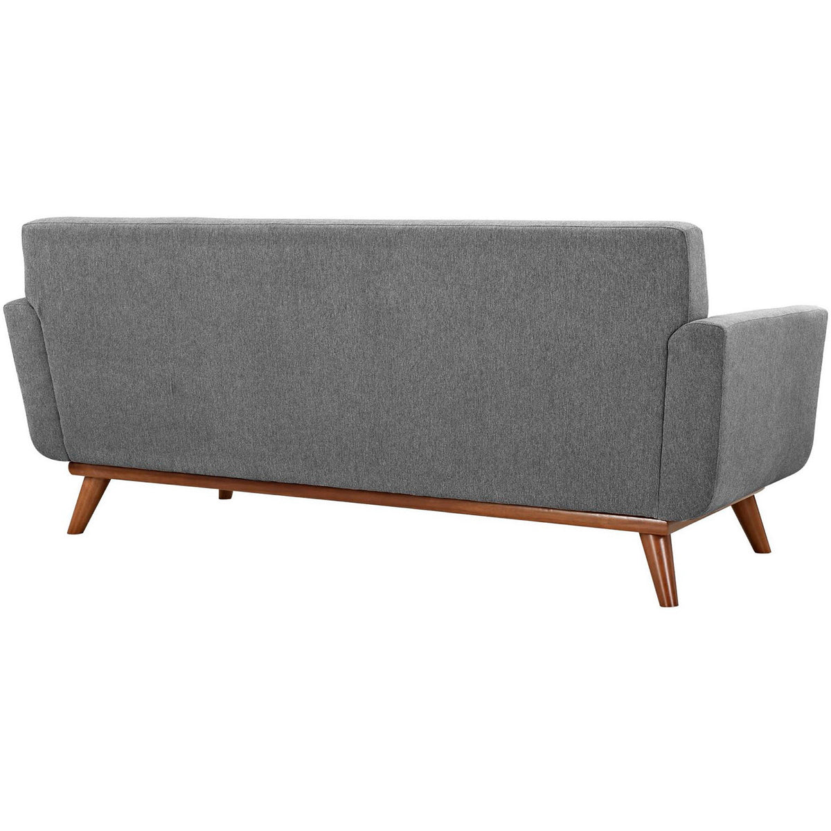 Clean gray upholstery wraps the gently sloped back and arms above angled wood legs