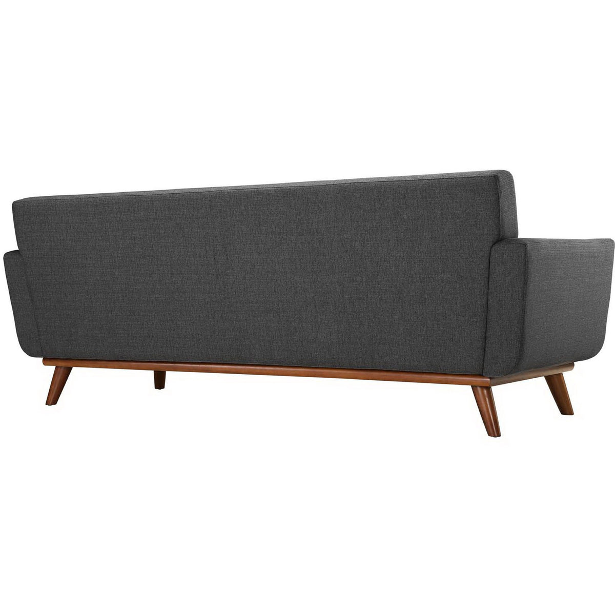 Smooth charcoal upholstered back pairs with a wood base and tapered legs
