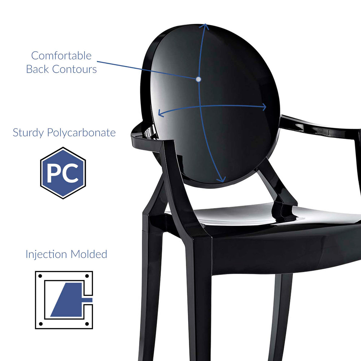 Contoured back support, sturdy polycarbonate and molded construction add everyday comfort