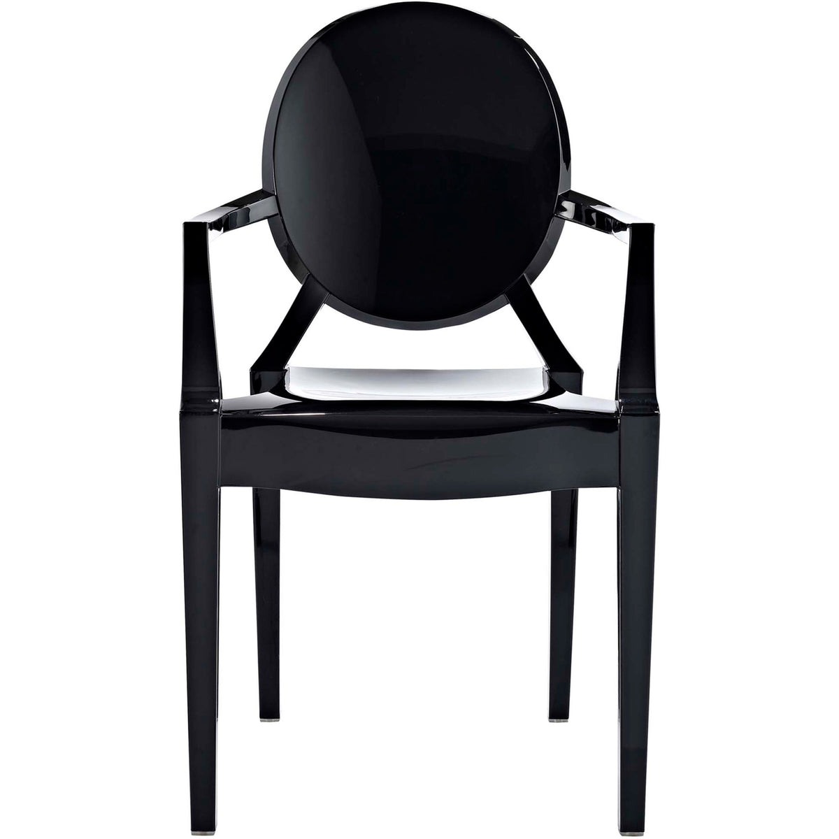 A smooth circular back and slender arms give this black armchair a sculptural silhouette || EEI-121-BLK || front_studio