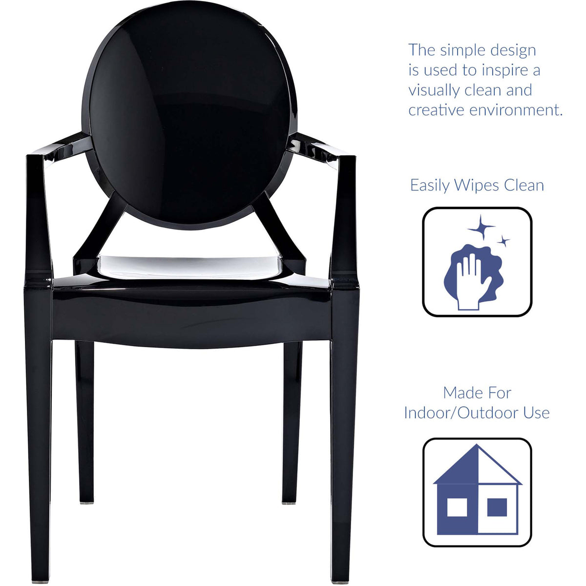 Minimalist black armchair offers an easy-clean surface suited to indoor or outdoor spaces