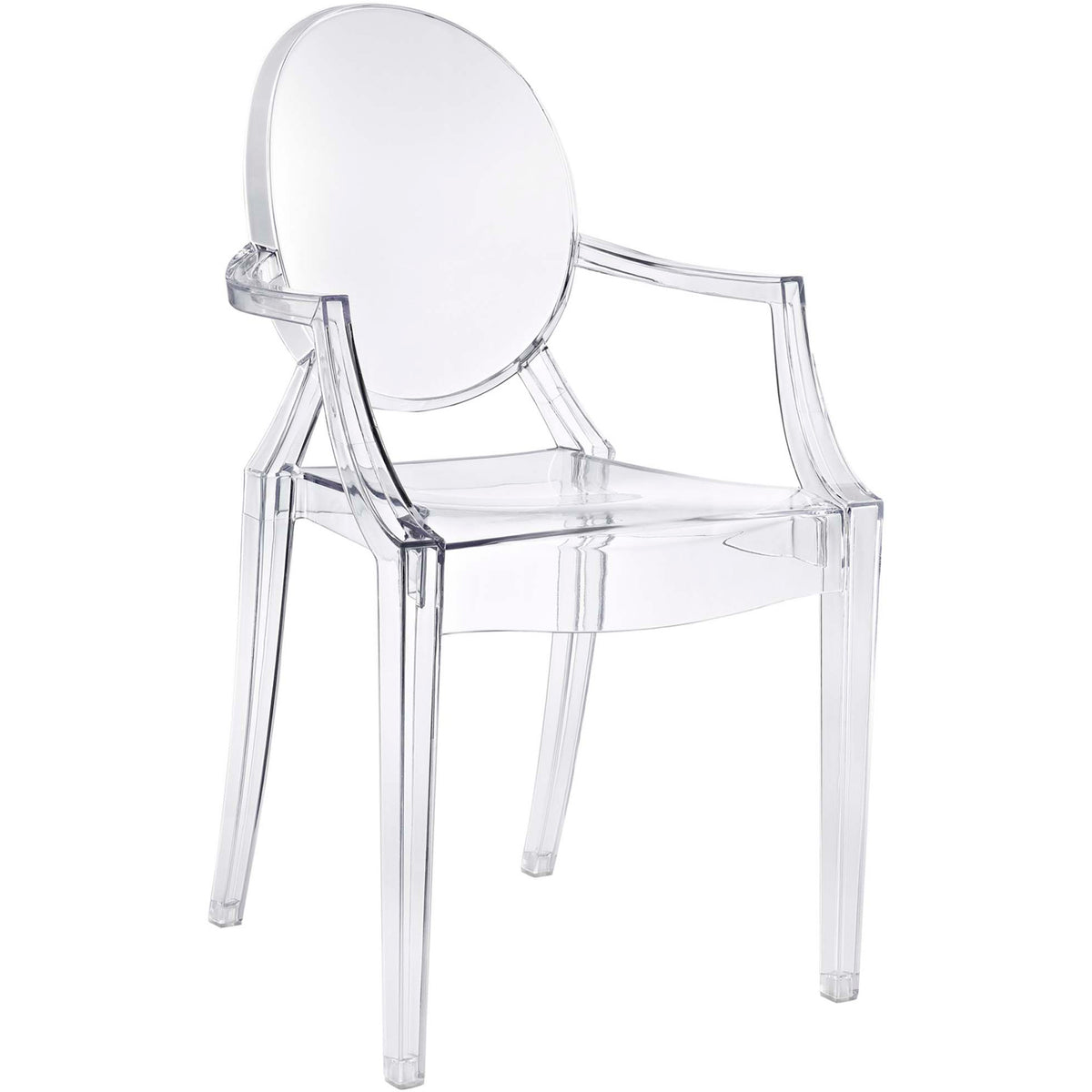 Crystal-clear polycarbonate armchair combines a rounded back with clean-lined arms and legs || EEI-121-CLR || front_angle_studio
