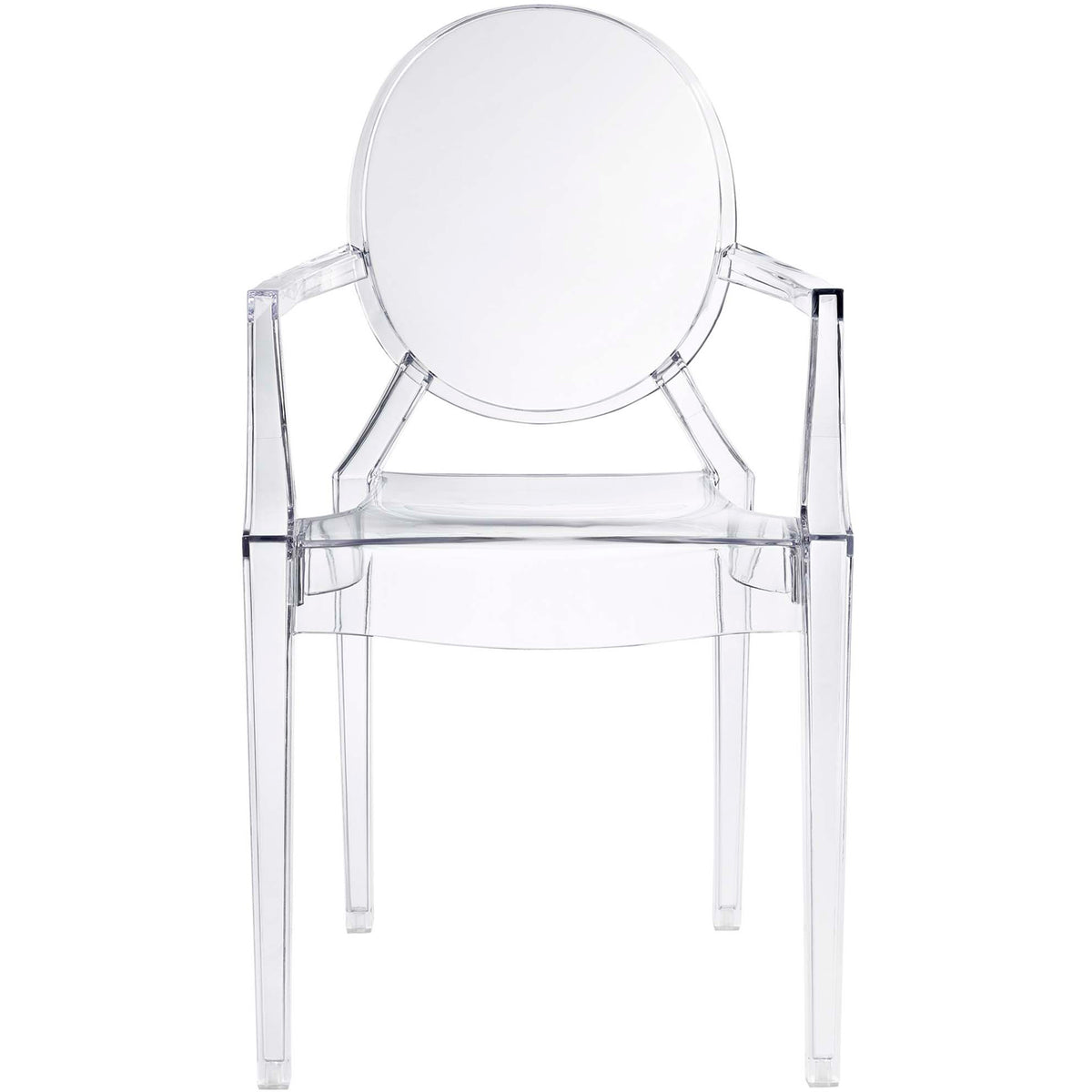 Transparent armchair keeps dining spaces feeling open with its smooth seat and circular back || EEI-121-CLR || front_studio