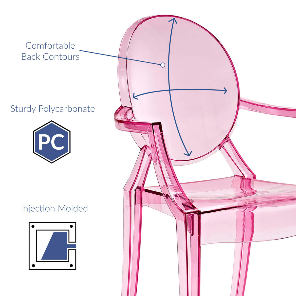 Contoured back support and molded polycarbonate bring comfort to the vibrant pink armchair