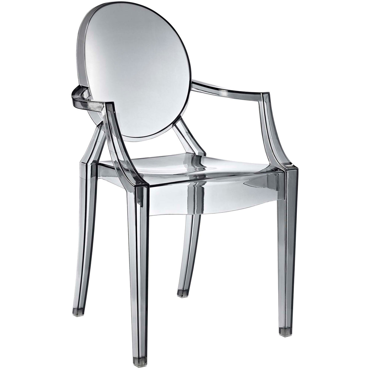 Smoke-tinted armchair balances a rounded back, open arms and a glossy translucent seat || EEI-121-SMK || front_angle_studio