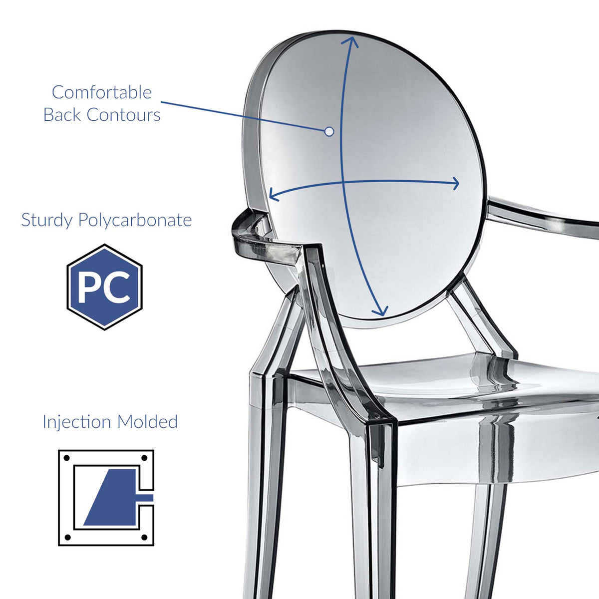 Contoured back and durable molded polycarbonate lend structure to the smoky gray armchair