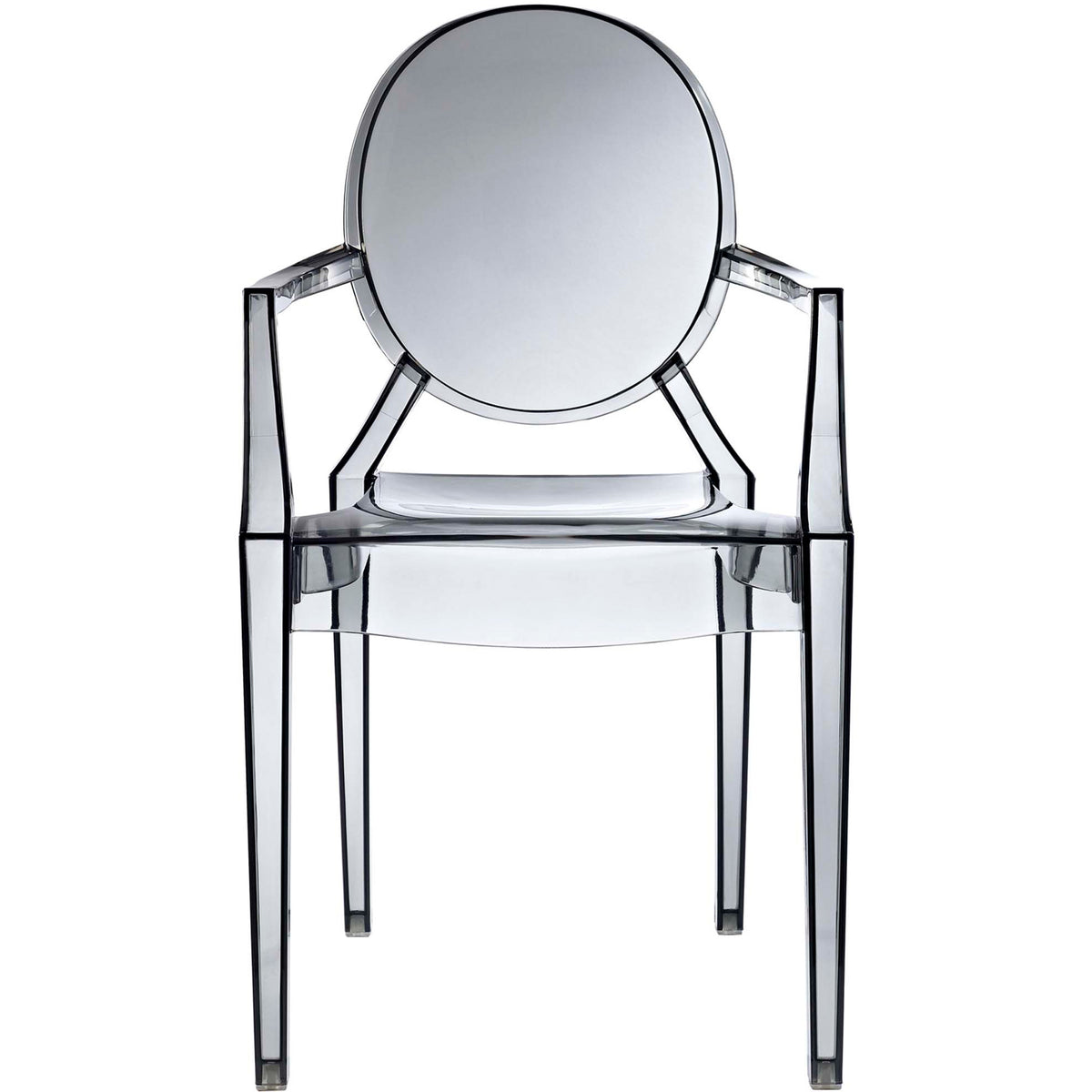 Rounded smoky backrest floats above a translucent seat framed by slender arms and legs || EEI-121-SMK || front_studio