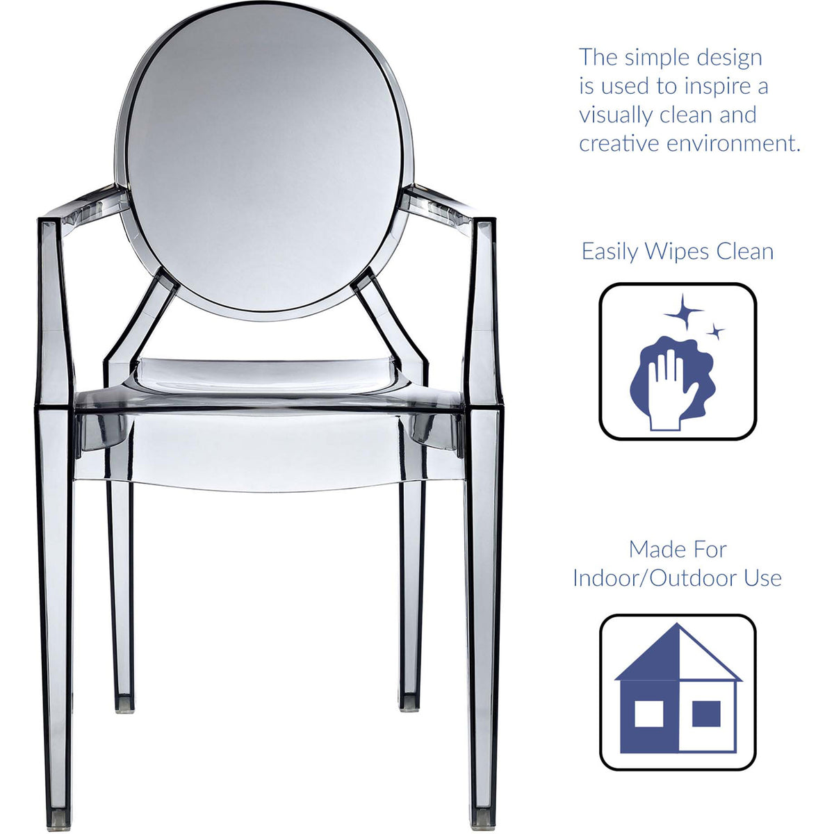 Easy-wipe smoke armchair offers a clean, modern look for indoor or outdoor dining