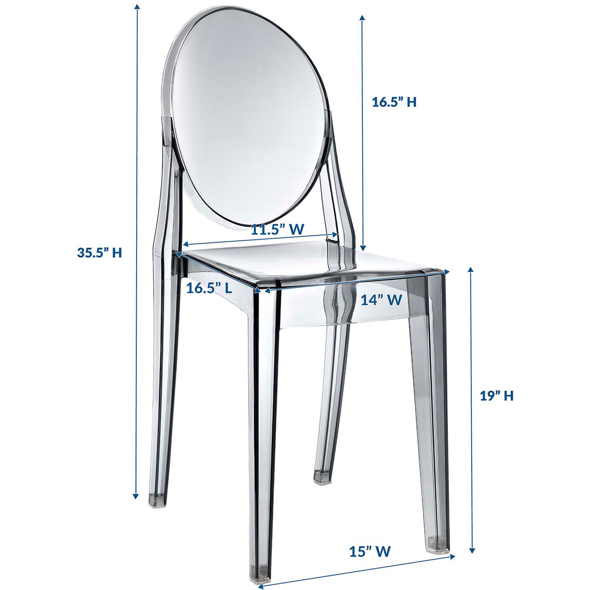 Smoky gray side chair stands 35.5 inches high with a 19-inch-high seat