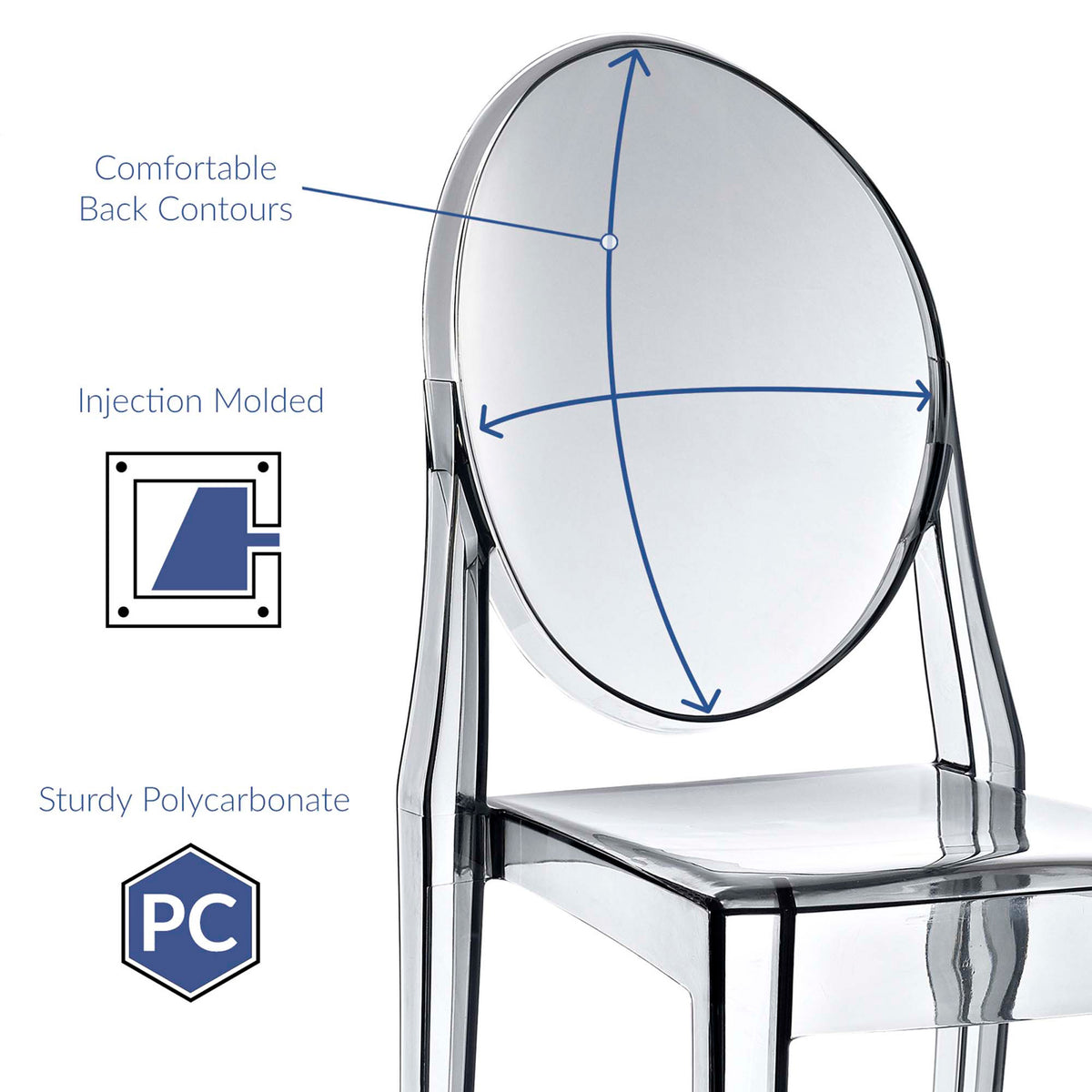 Contoured oval back and injection-molded polycarbonate add comfort and strength