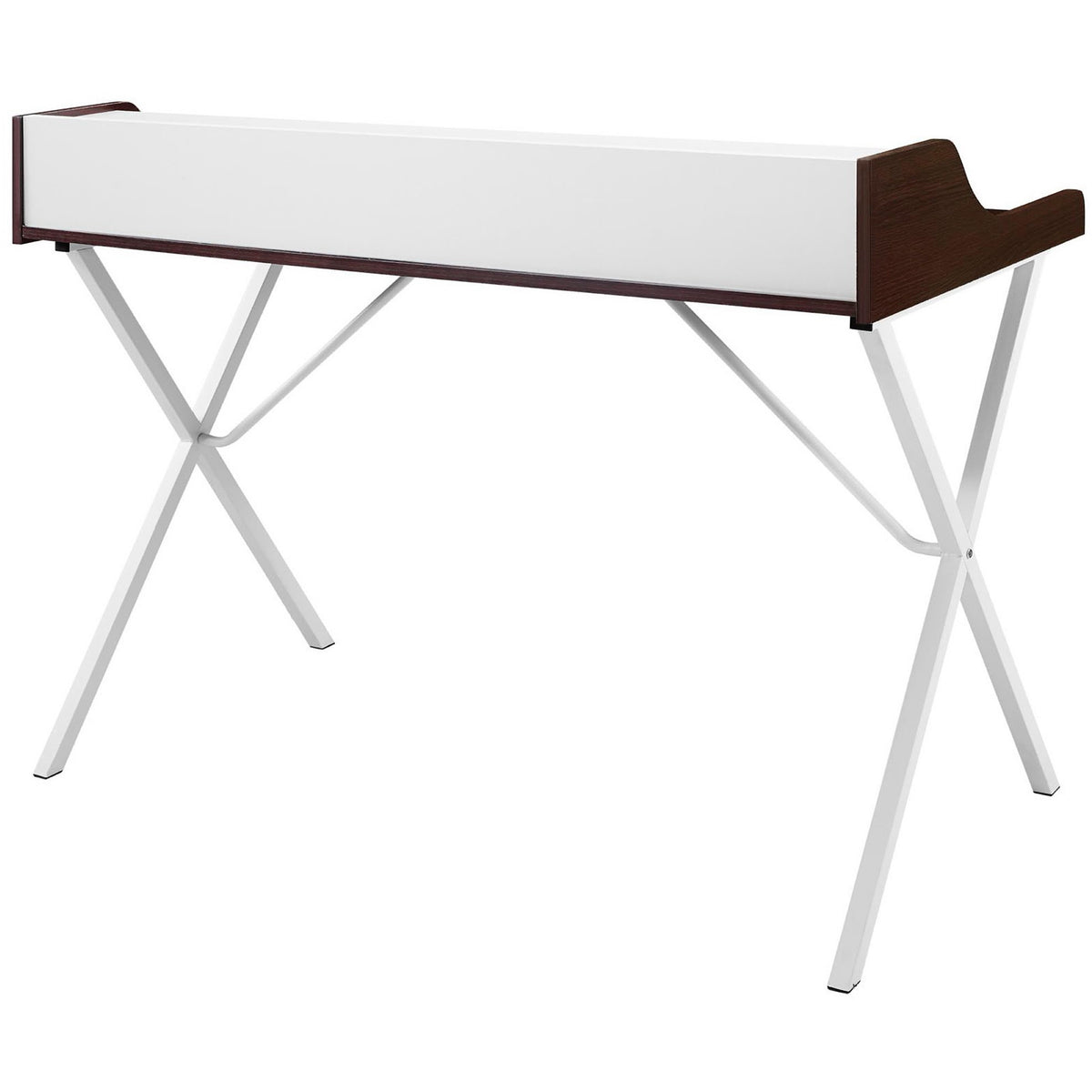 A clean white back panel complements the dark cherry finish and crossed metal supports.