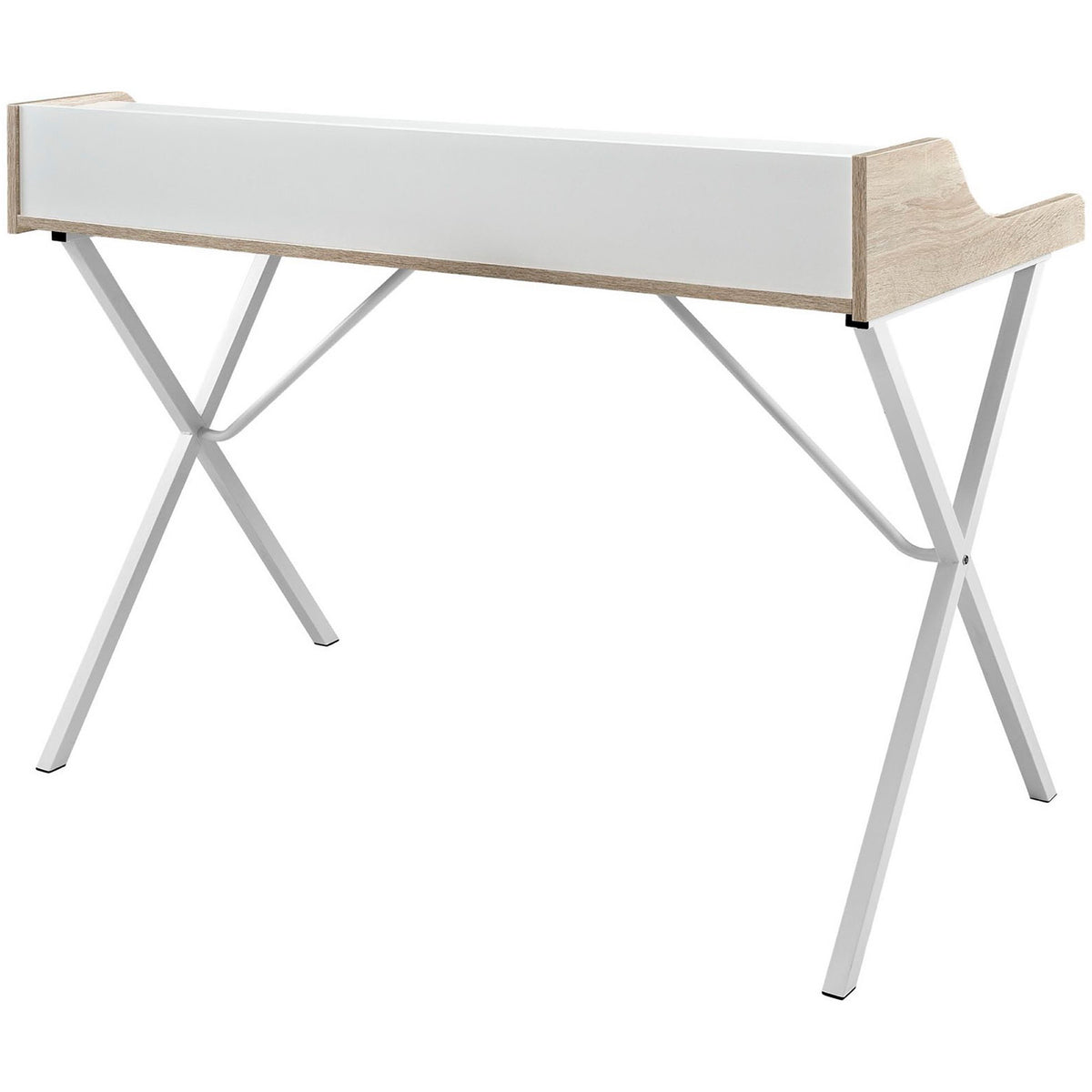 A white back panel pairs with light oak edging and angled metal supports.