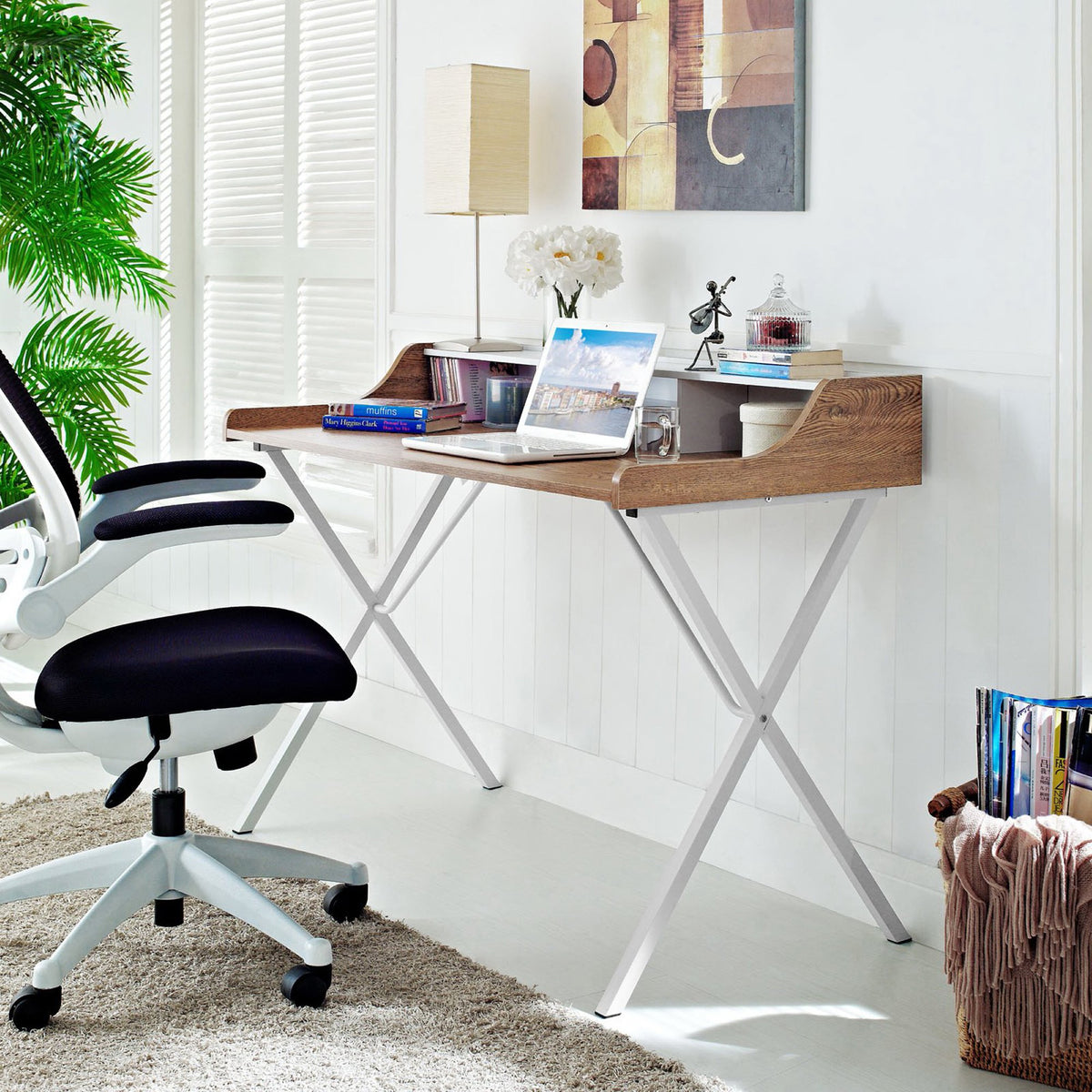 Warm walnut desktop and open cubbies offer room for a laptop, books, and supplies.