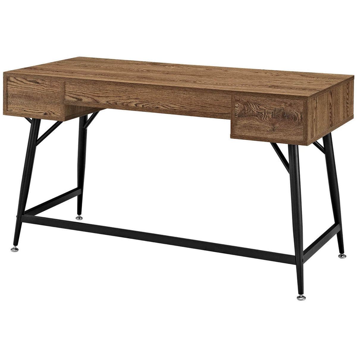 Walnut-toned wood grain wraps the desktop above slender, braced black steel legs