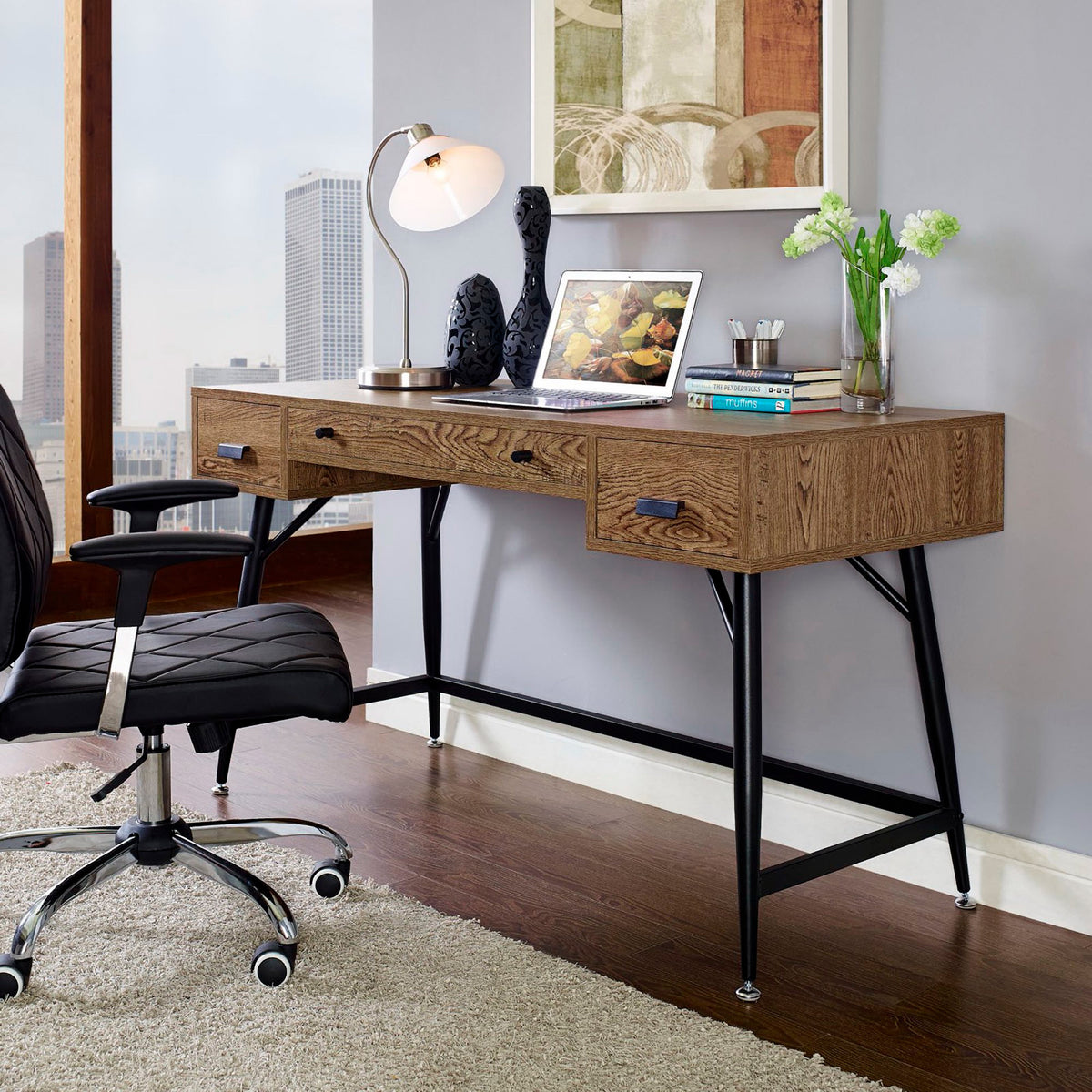 Warm wood-grain desk with handy drawers and black steel legs brings character to a workspace