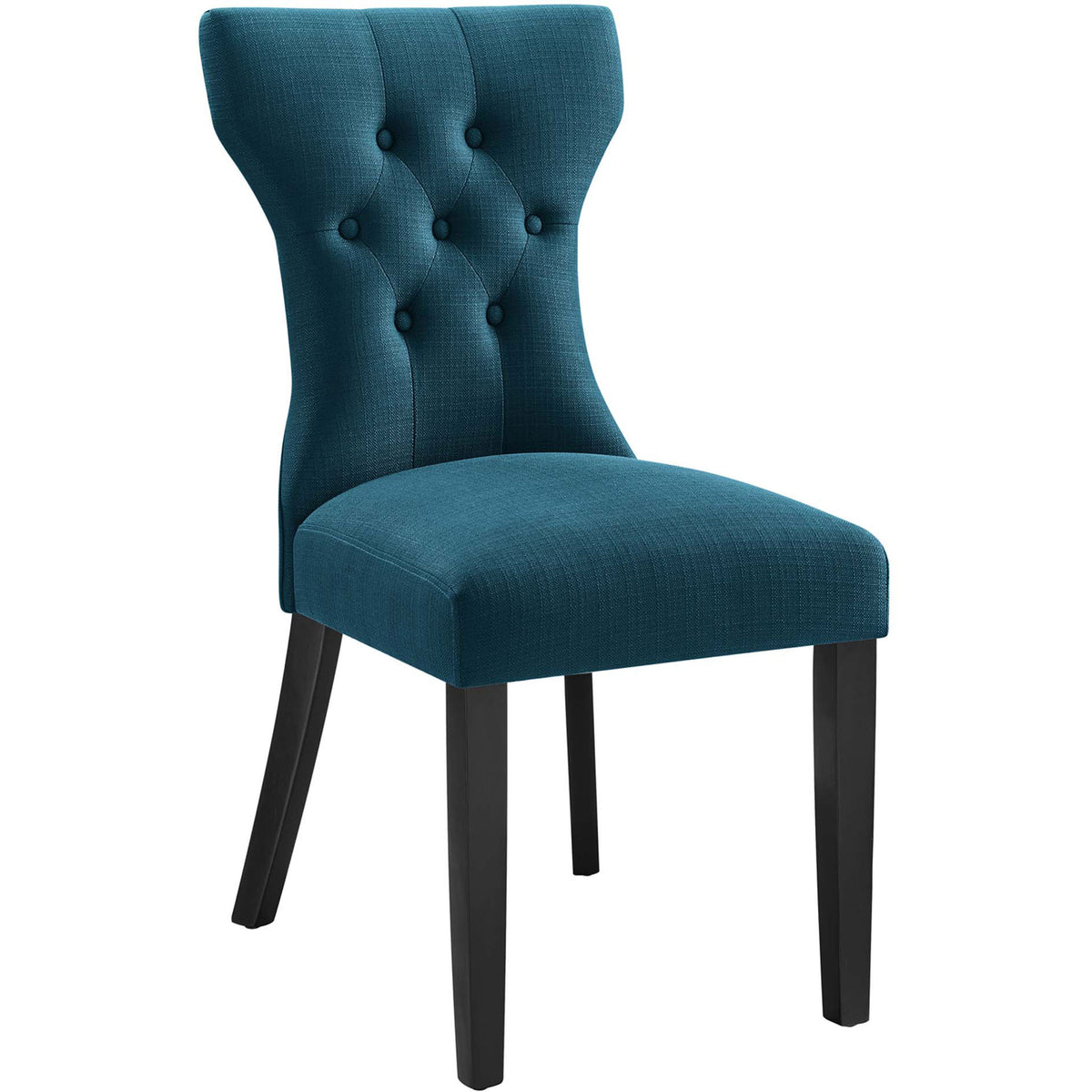 Curved azure dining chair with button-tufted back and dark wood legs for stylish seating || EEI-1380-AZU || front_angle_studio