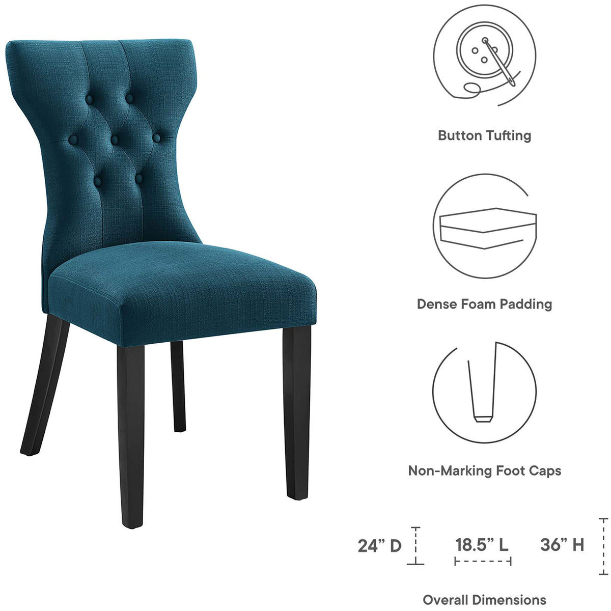 Azure dining chair with button tufting, dense foam padding, and non-marking foot caps shown with dimensions || EEI-1380-AZU || dimension_studio