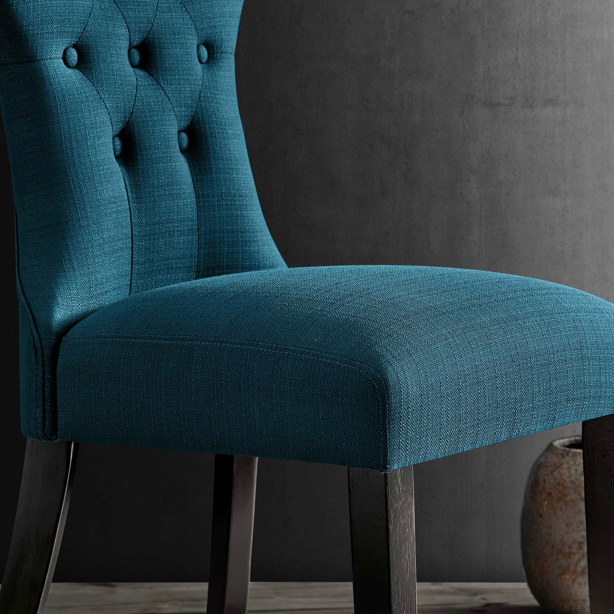 Textured azure seat and dark wood legs adding rich color and warmth to modern decor || EEI-1380-AZU || detail_room