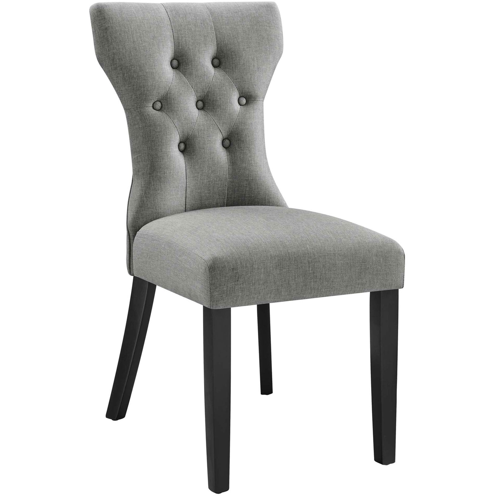 Light gray button-tufted dining chair with thick cushioned seat and black wood legs || EEI-1380-LGR || front_angle_studio