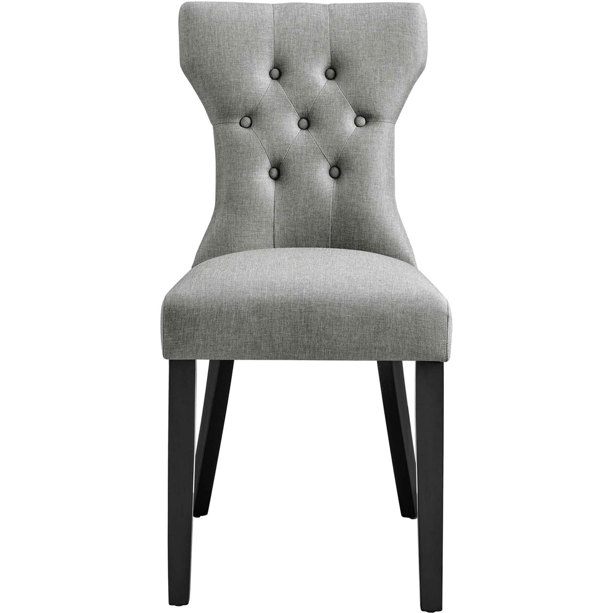 Light gray dining chair with hourglass back, button tufting, and black wood legs for modern comfort || EEI-1380-LGR || front_studio
