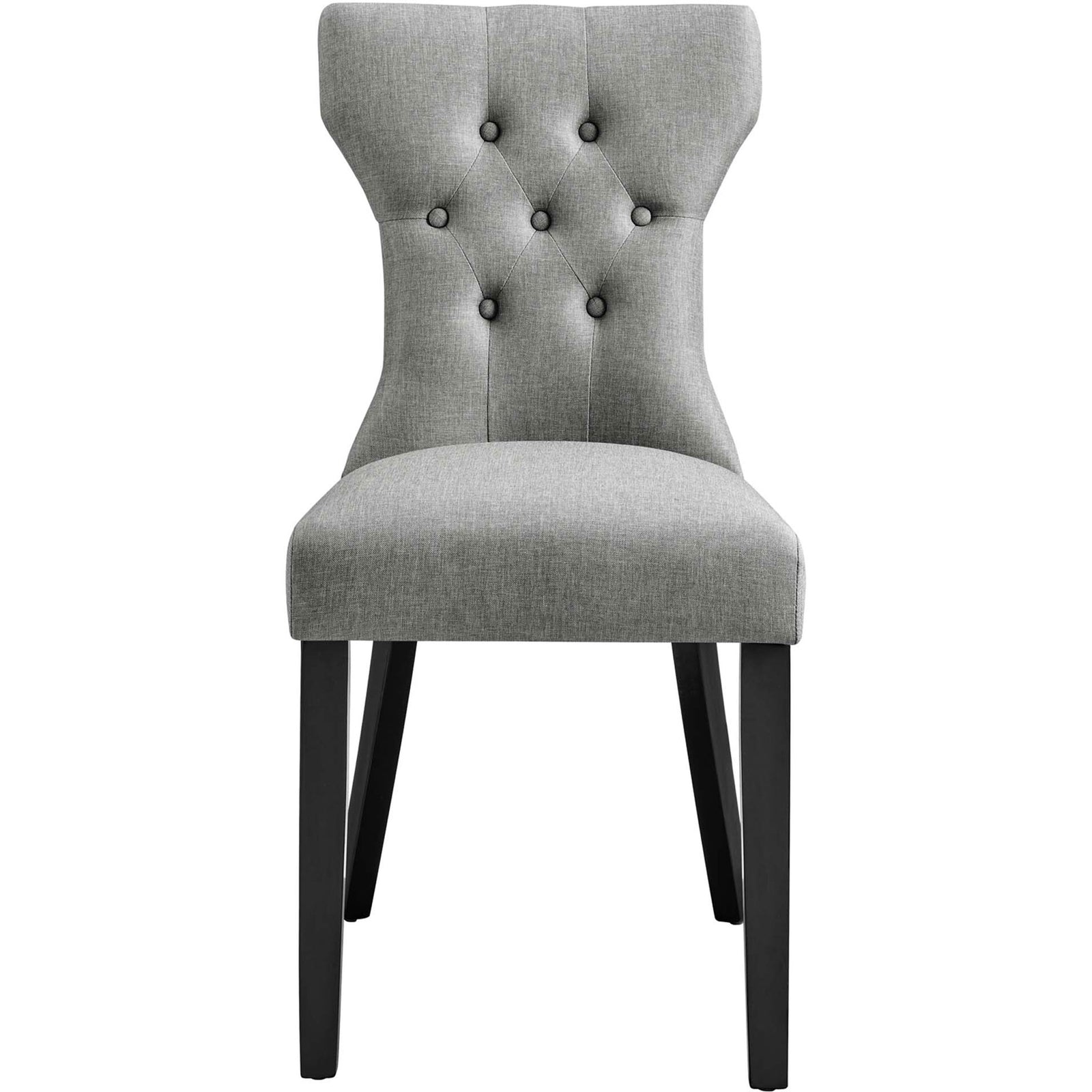 Light gray dining chair with hourglass back, button tufting, and black wood legs for modern comfort || EEI-1380-LGR || front_studio