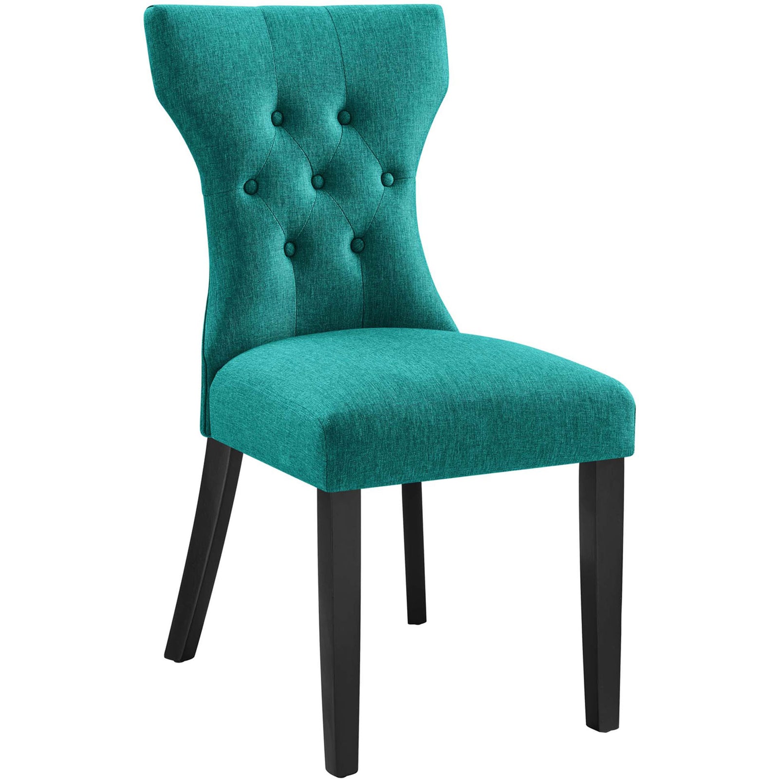 Teal hourglass dining chair with button-tufted back and tapered dark wood legs || EEI-1380-TEA || front_angle_studio