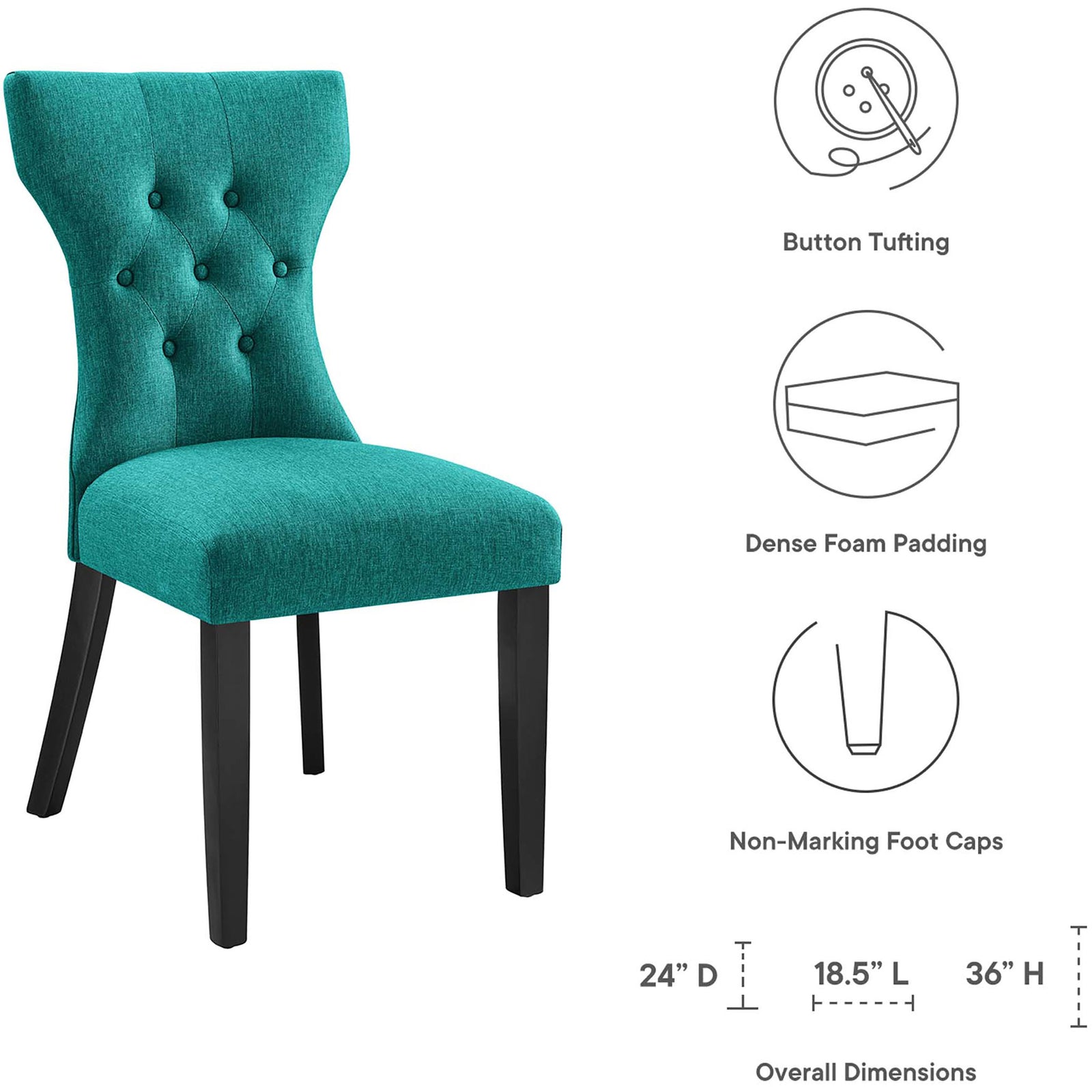 Teal dining chair with button tufting, dense foam padding, non-marking feet, and printed dimensions || EEI-1380-TEA || dimension_studio