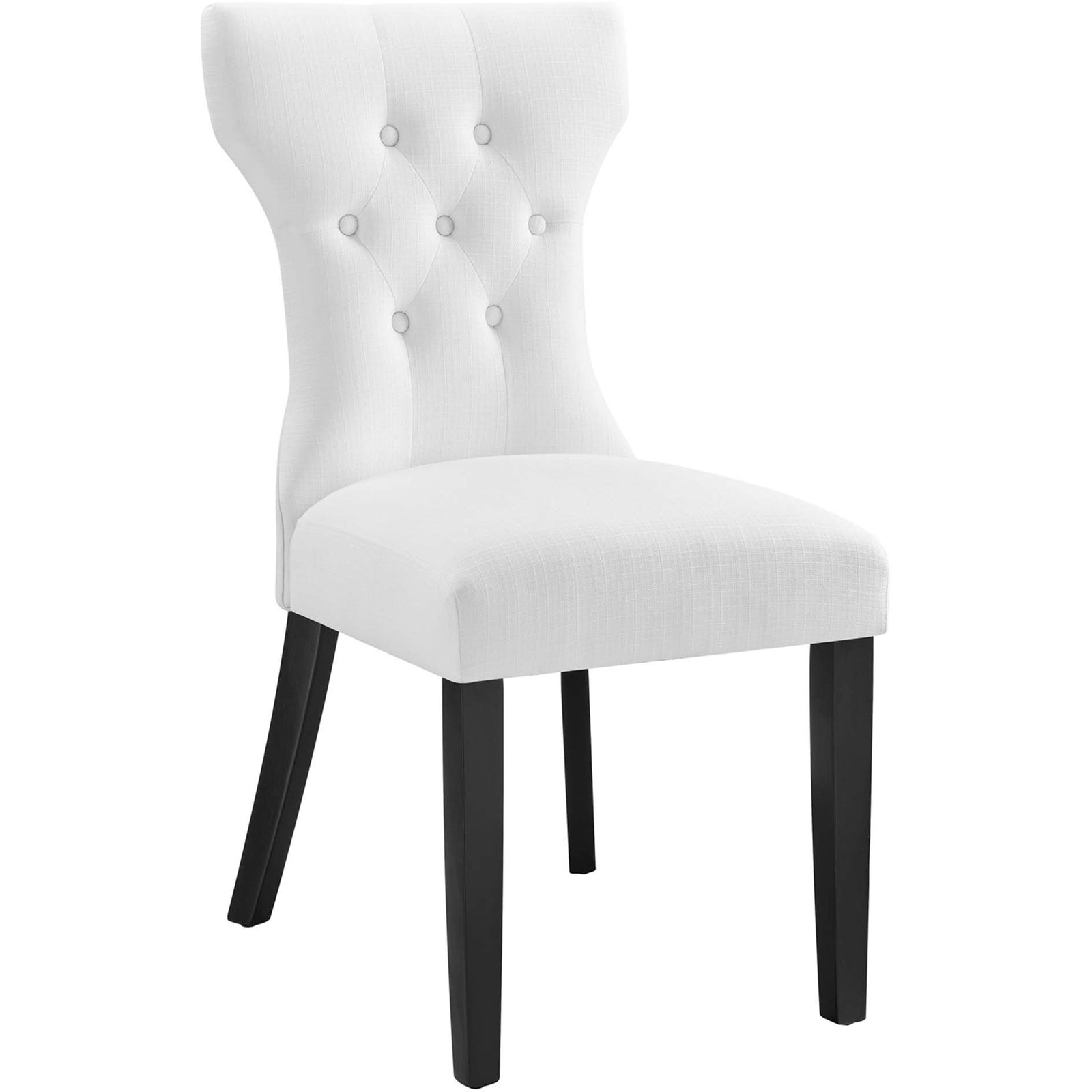 White hourglass dining chair with button-tufted back and tapered dark wood legs for modern elegance || EEI-1380-WHI || front_angle_studio