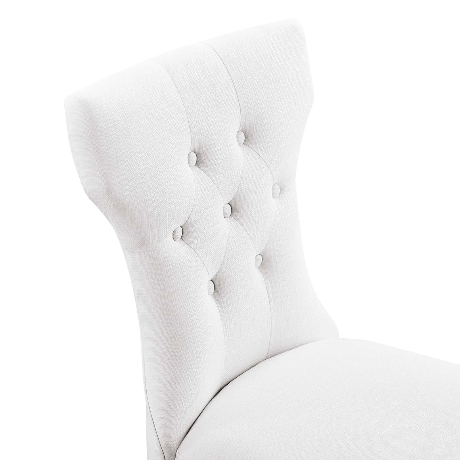 Curved white backrest with soft button tufting and tailored upholstery for added dining comfort || EEI-1380-WHI || detail_studio
