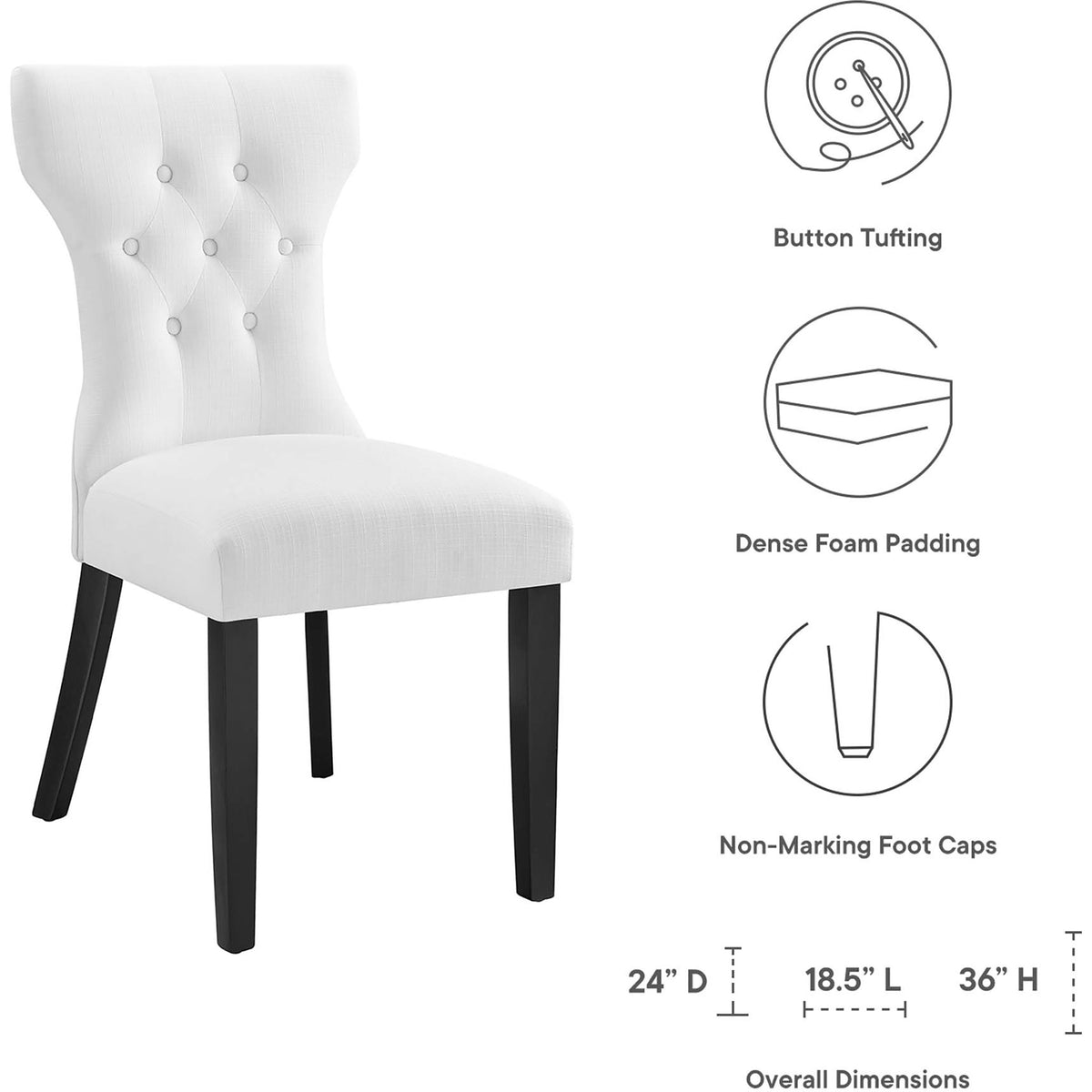 White tufted dining chair features dense foam cushioning, smooth upholstery, and clearly marked dimensions || EEI-1380-WHI || dimension_studio