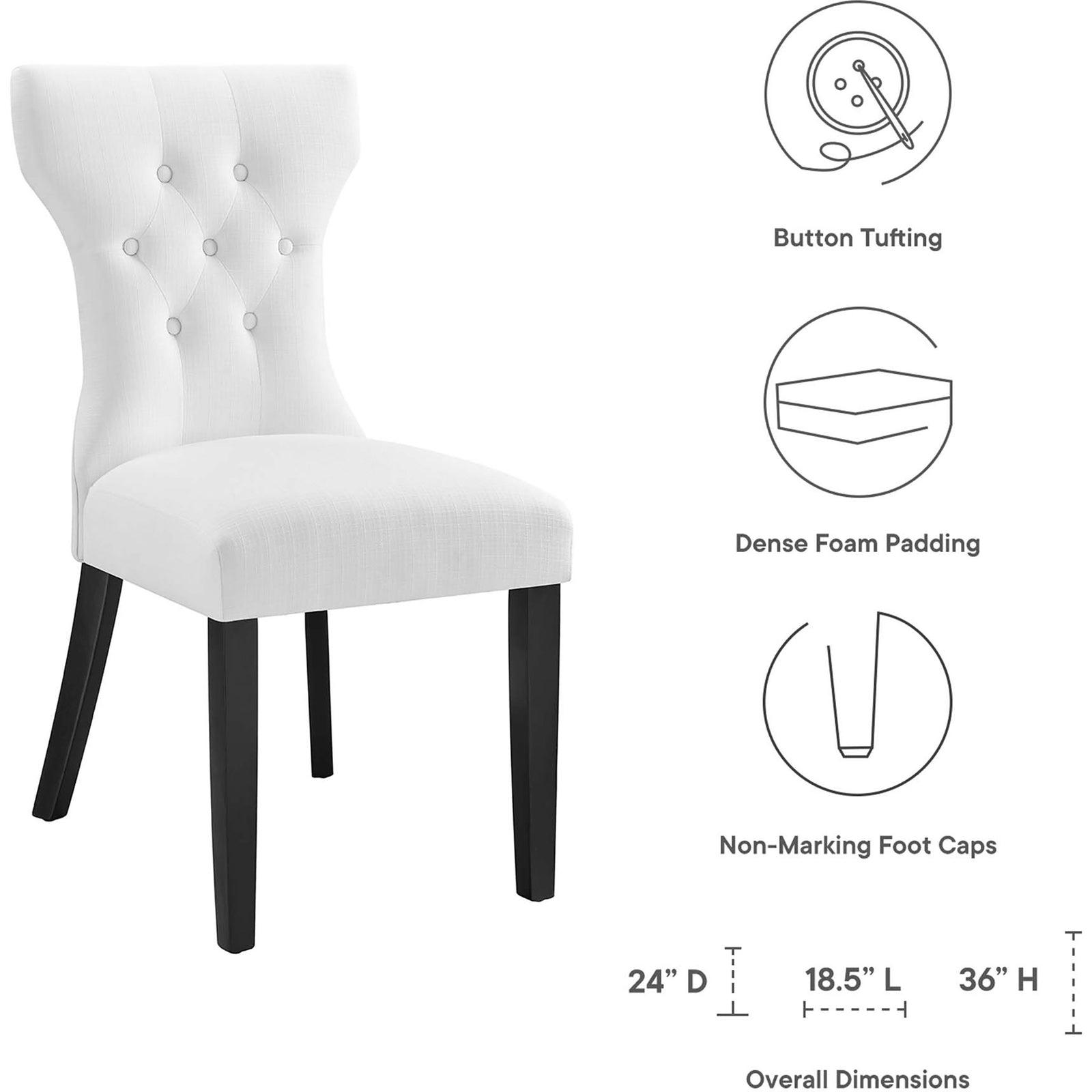 White tufted dining chair features dense foam cushioning, smooth upholstery, and clearly marked dimensions || EEI-1380-WHI || dimension_studio