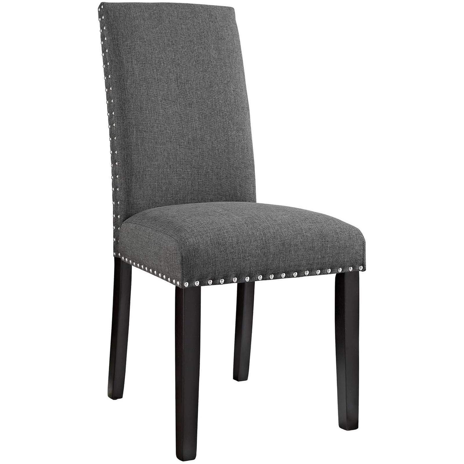 Gray upholstered dining side chair with nailhead trim and espresso wood legs || EEI-1384-GRY || front_angle_studio